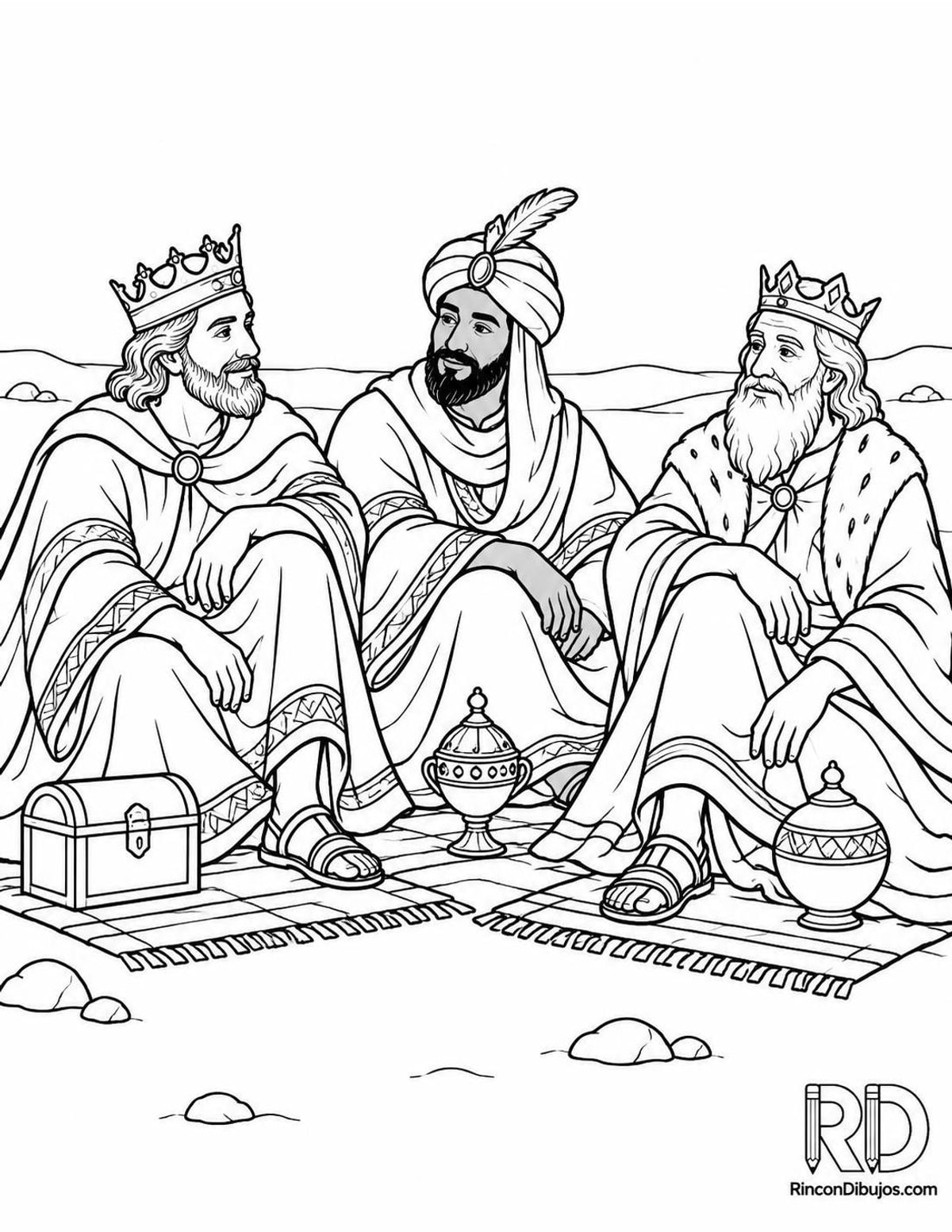 Dibujo de Reyes Magos sobre alfombras para colorear