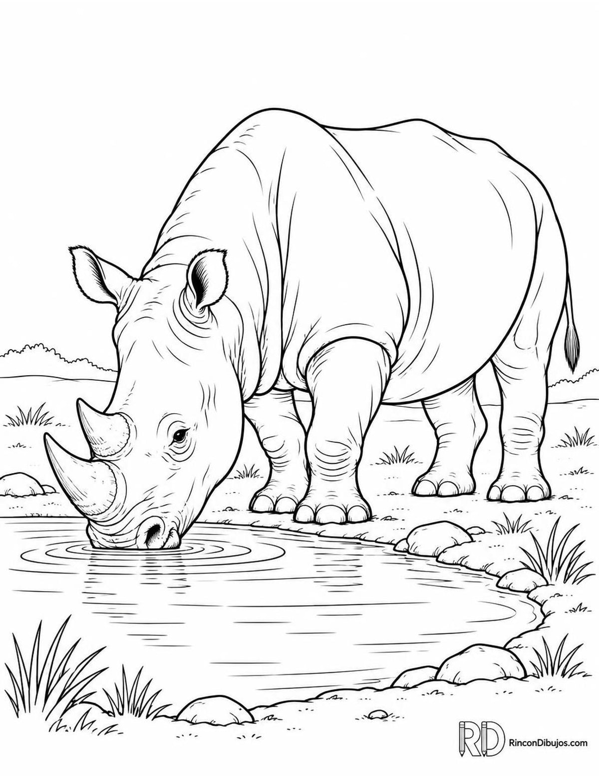 Dibujo de rinoceronte bebiendo para colorear Dibujo de rinoceronte bebiendo para colorear