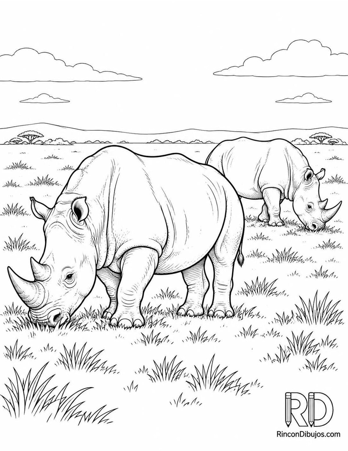 Dibujo de rinocerontes pastando para colorear Dibujo de rinocerontes pastando para colorear