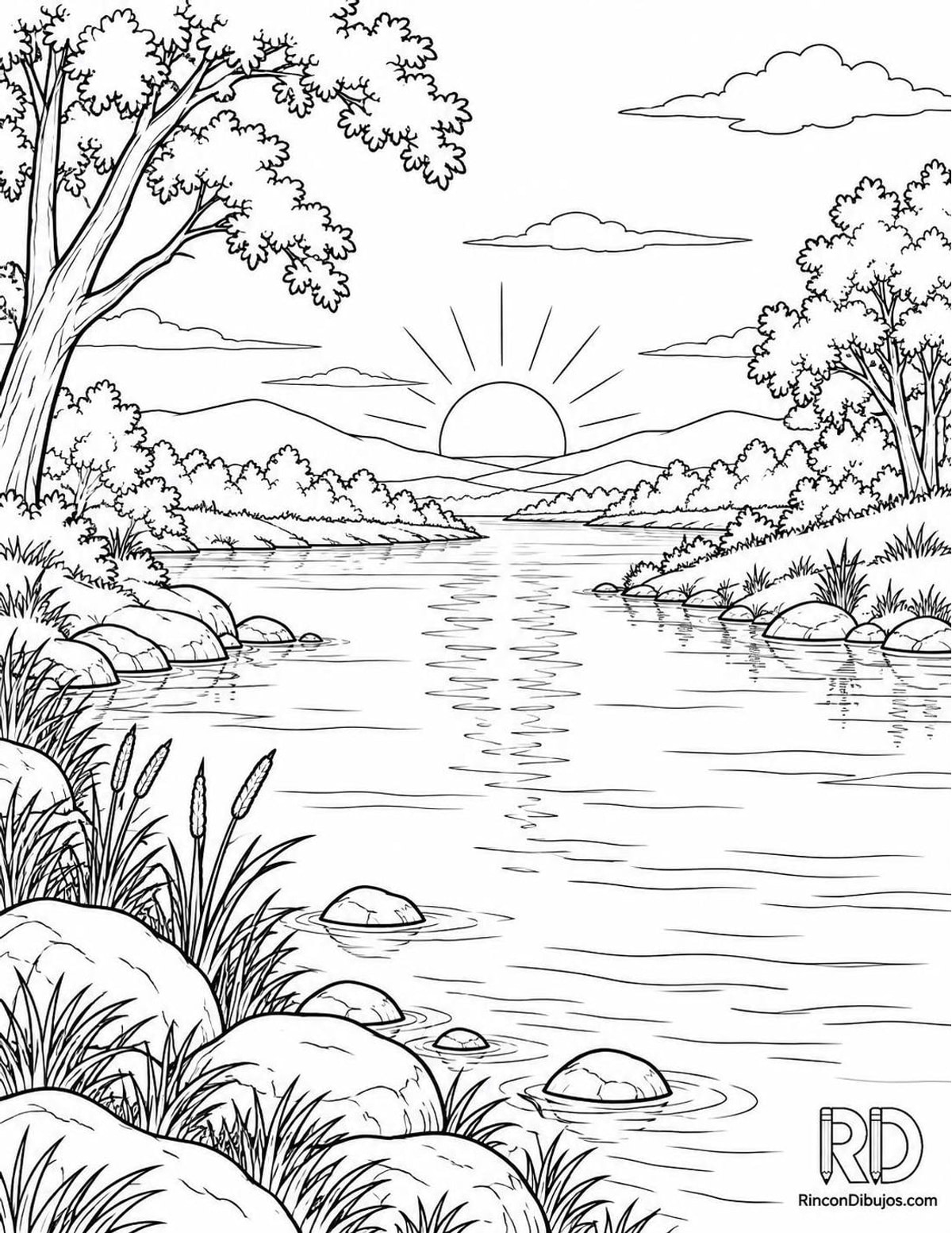 Dibujo de río al amanecer para colorear Dibujo de río al amanecer para colorear