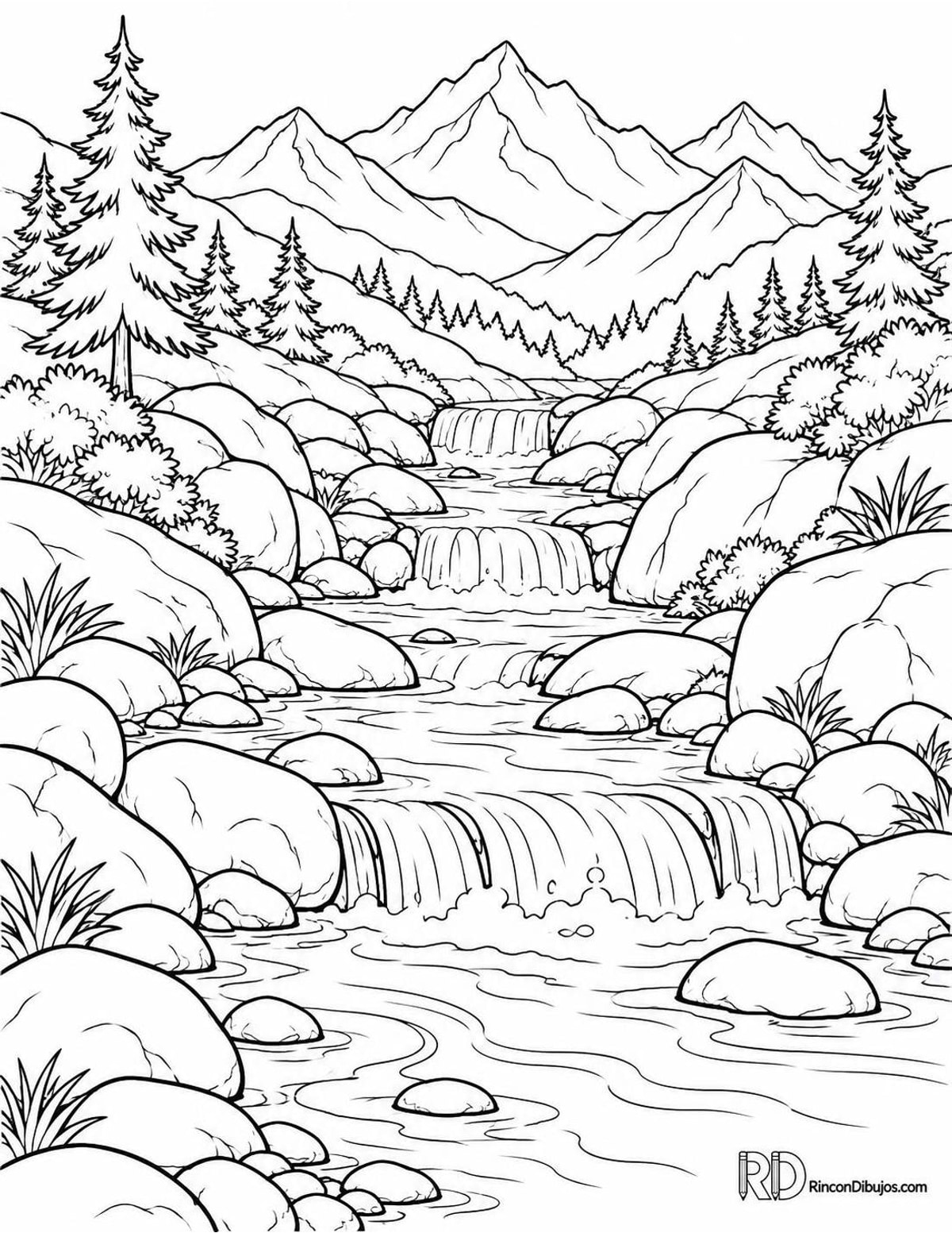 Dibujo de río con cascadas para colorear Dibujo de río con cascadas para colorear