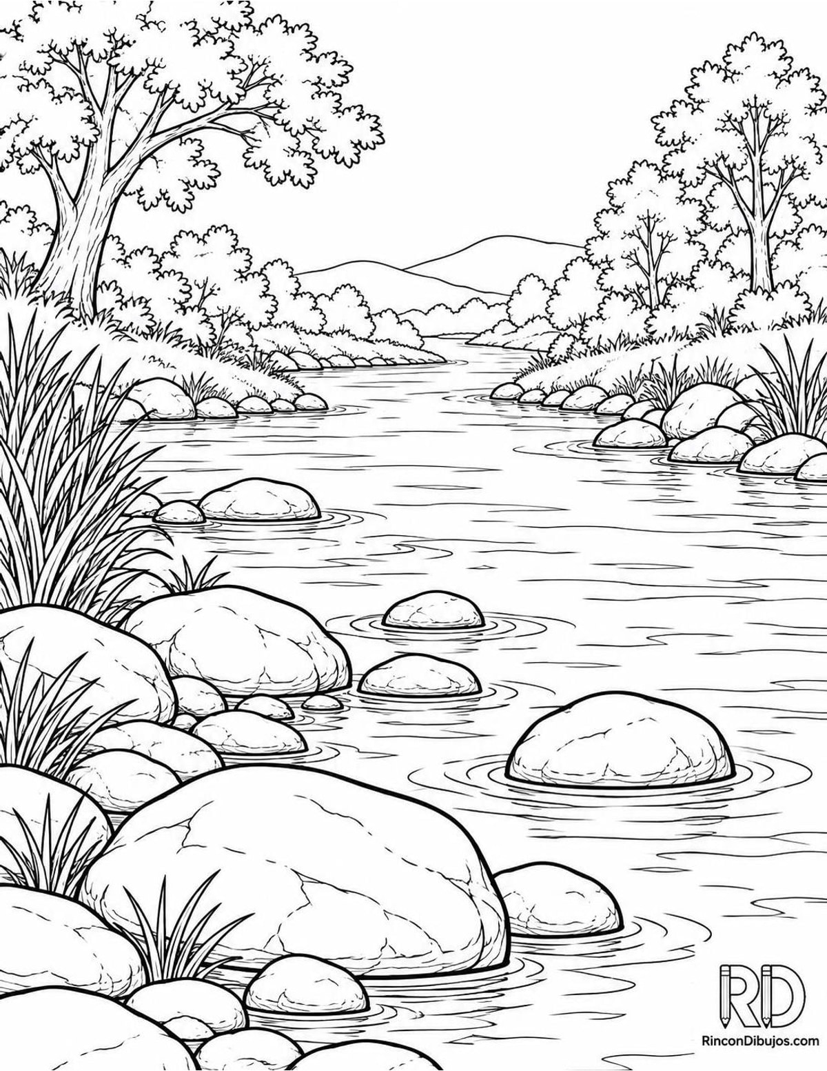 Dibujo de río con piedras para colorear Dibujo de río con piedras para colorear