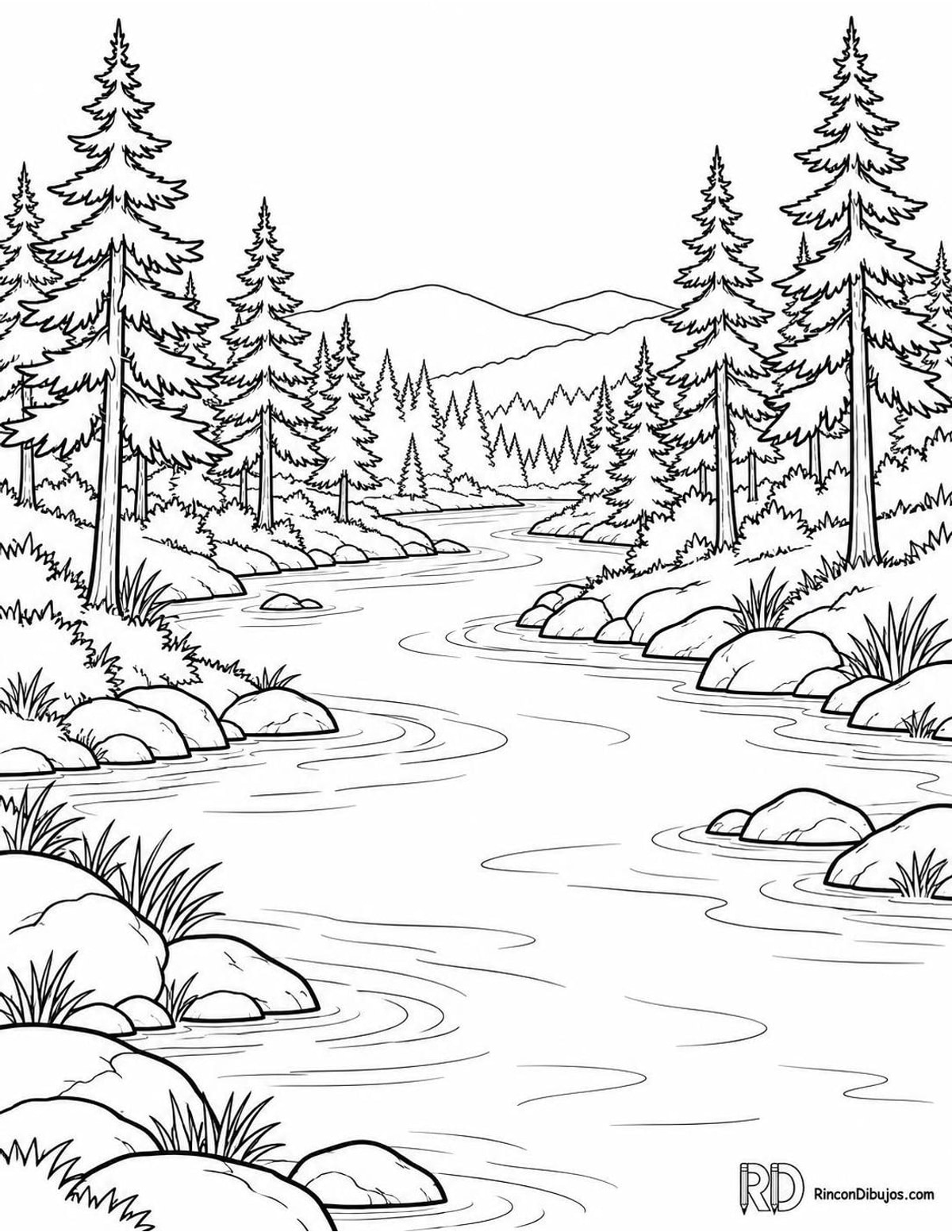 Dibujo de río con pinos para colorear Dibujo de río con pinos para colorear