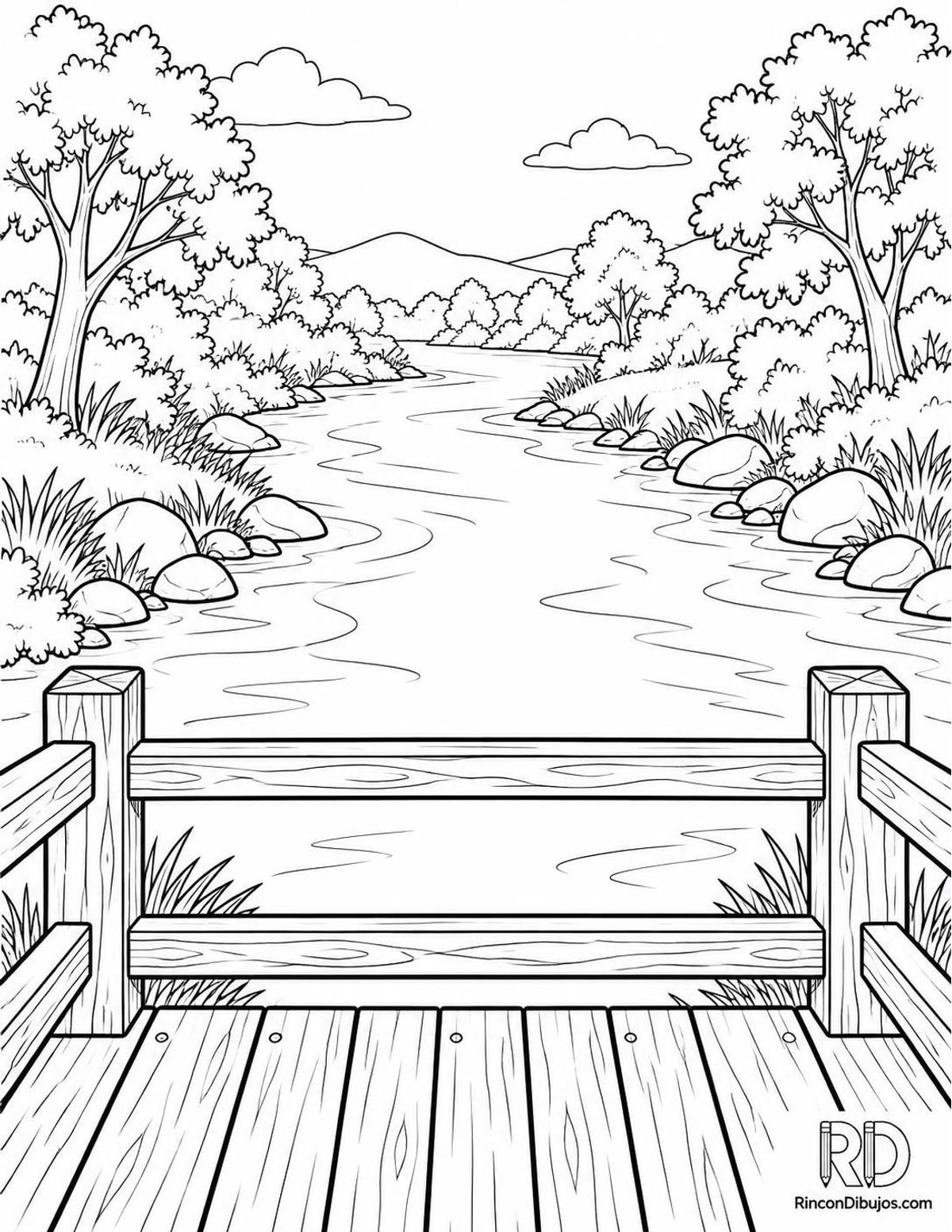 Dibujo de río con puente para colorear Dibujo de río con puente para colorear