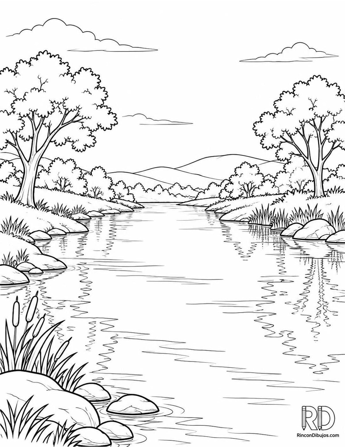 Dibujo de río con reflejo para colorear Dibujo de río con reflejo para colorear