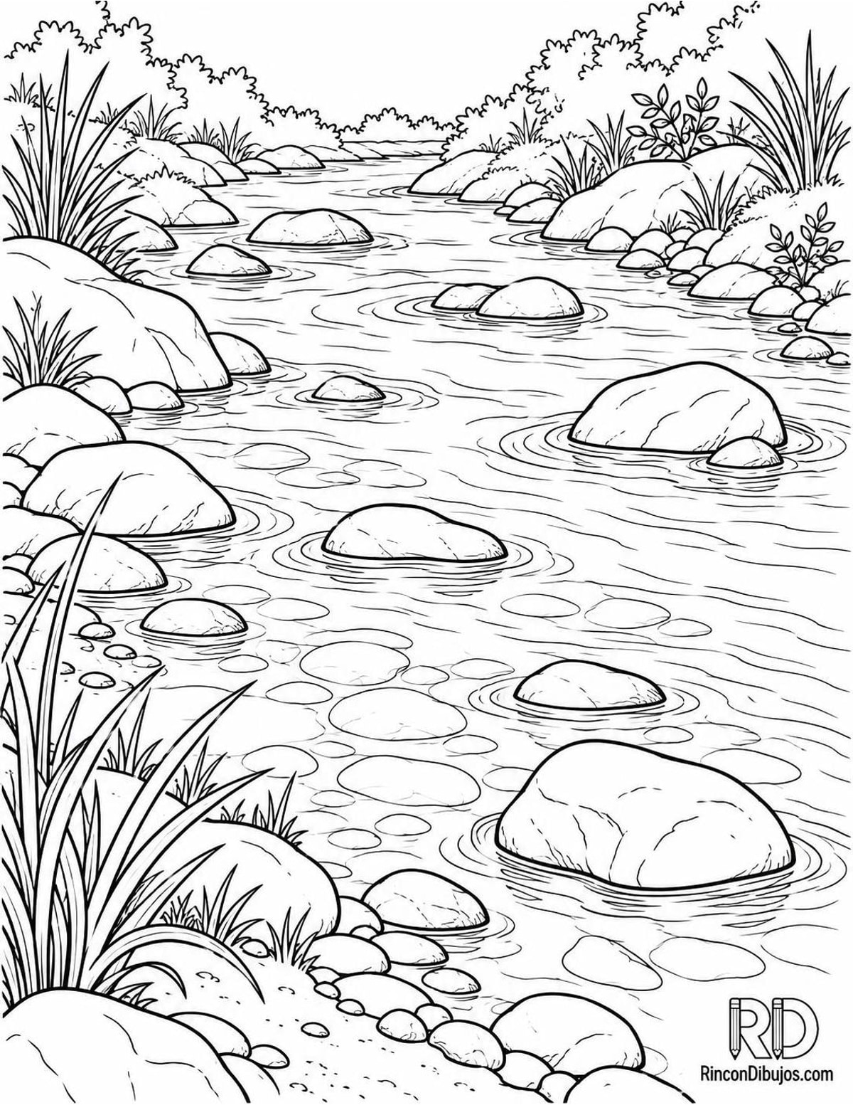 Dibujo de río con rocas para colorear Dibujo de río con rocas para colorear