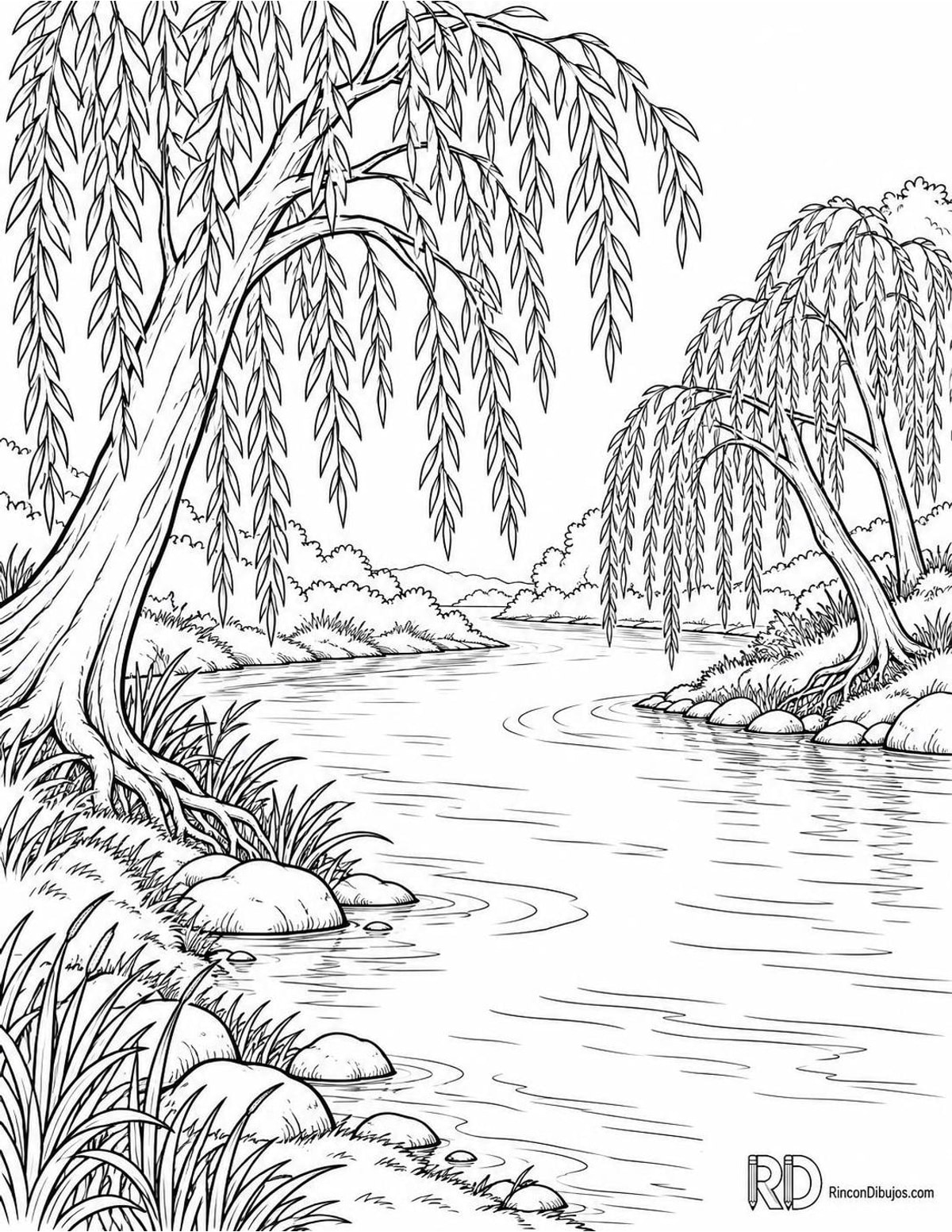 Dibujo de río con sauces para colorear Dibujo de río con sauces para colorear