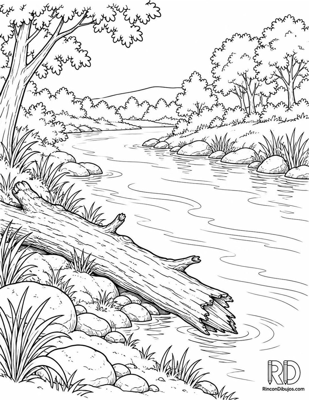 Dibujo de río con tronco para colorear Dibujo de río con tronco para colorear