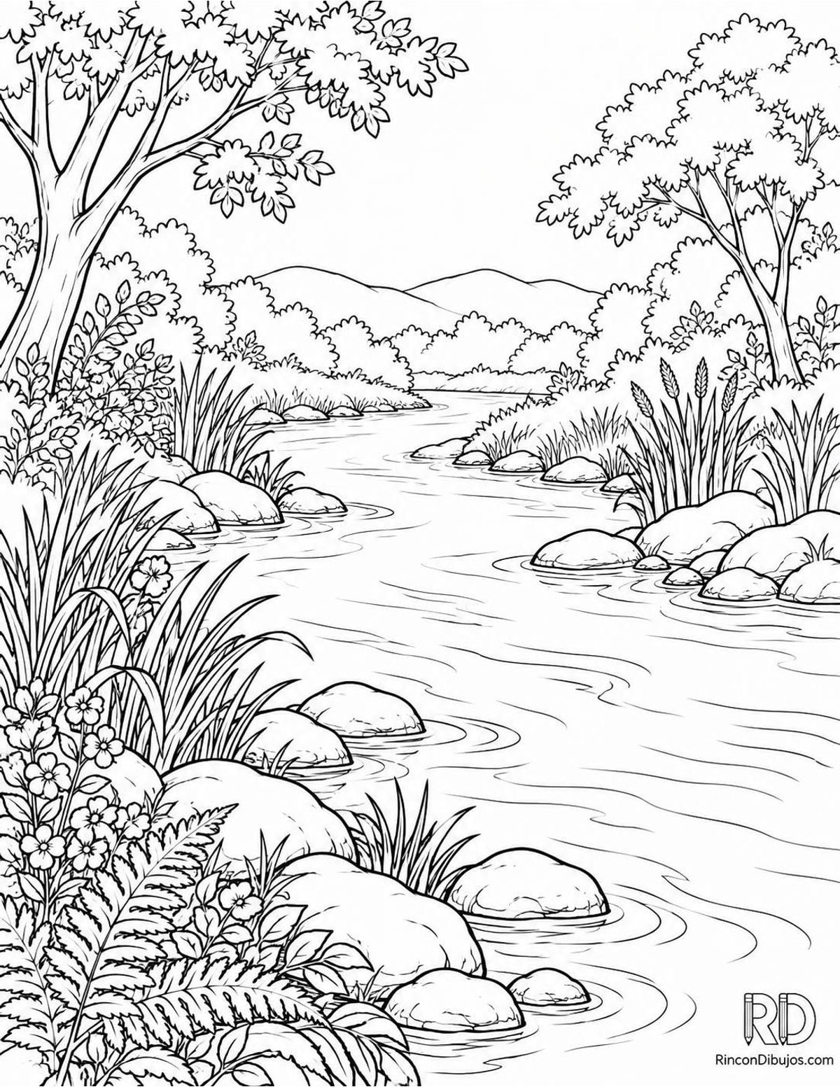 Dibujo de río con vegetación para colorear Dibujo de río con vegetación para colorear