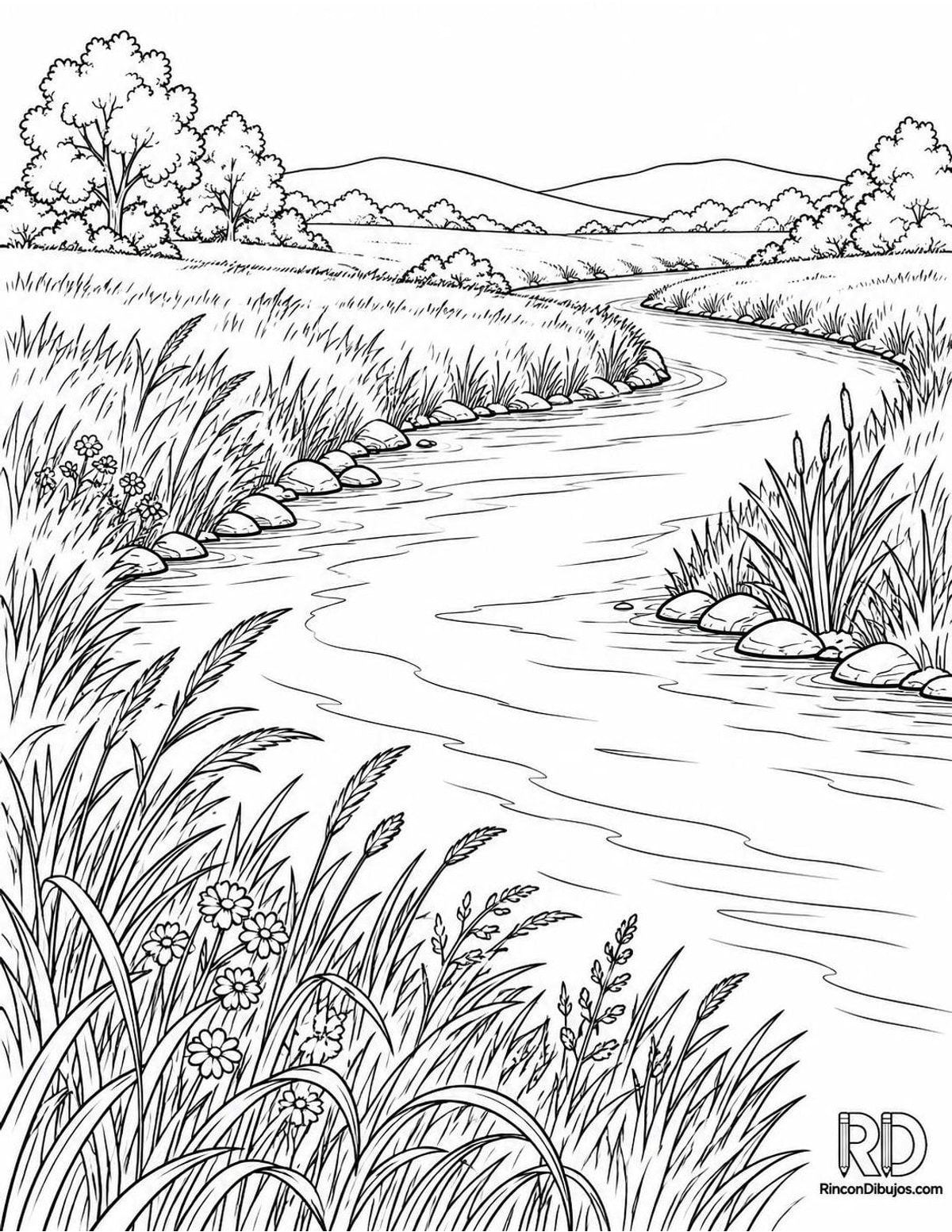 Dibujo de río en pradera para colorear Dibujo de río en pradera para colorear
