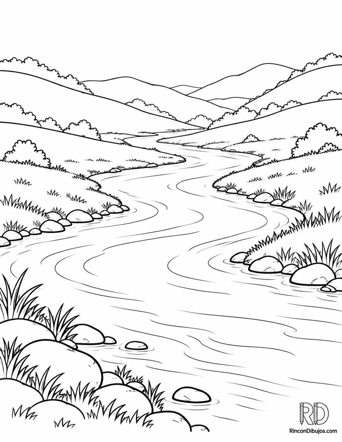 Dibujo de río en valle para colorear Dibujo de río en valle para colorear