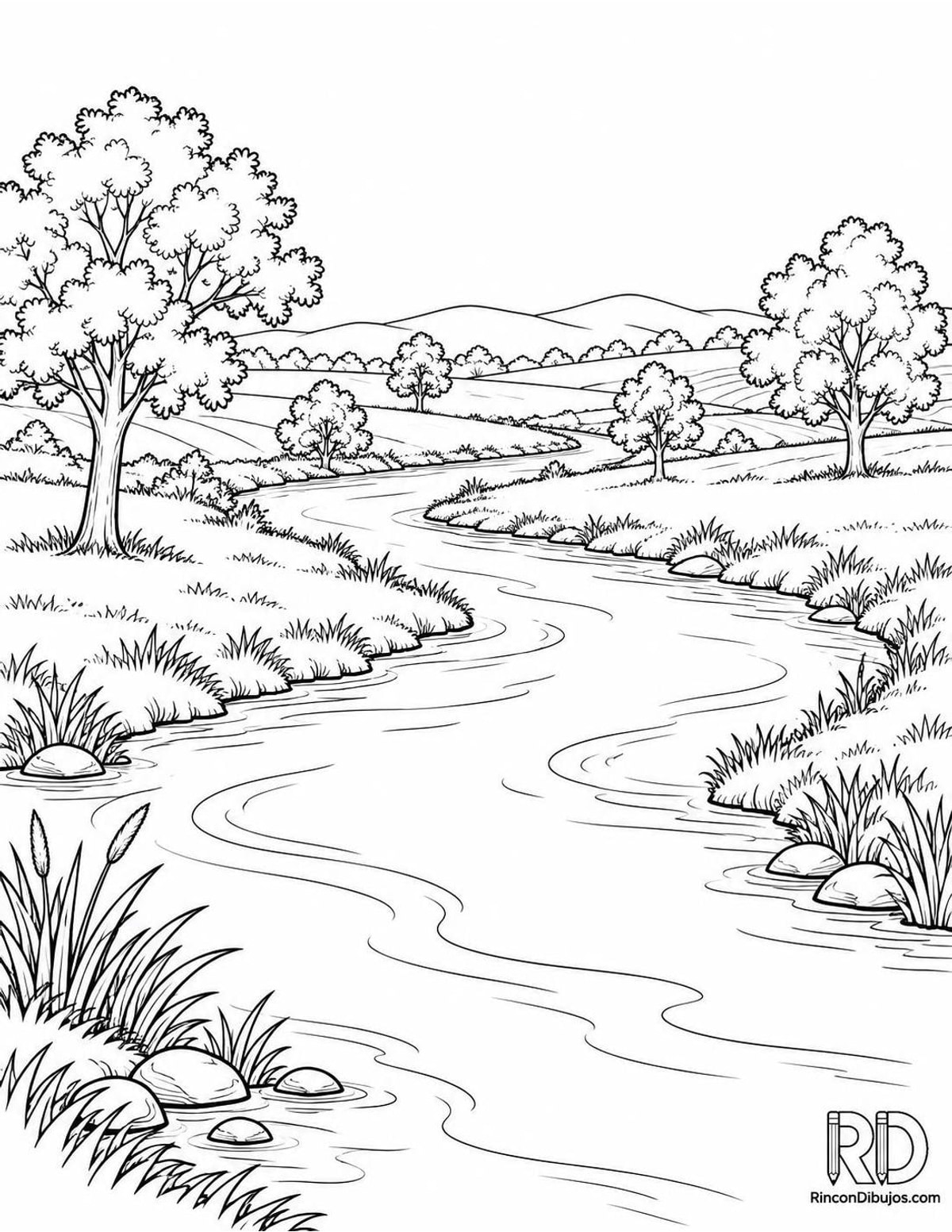 Dibujo de río entre campos para colorear Dibujo de río entre campos para colorear
