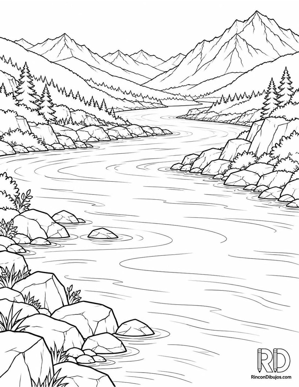 Dibujo de río entre montañas para colorear Dibujo de río entre montañas para colorear
