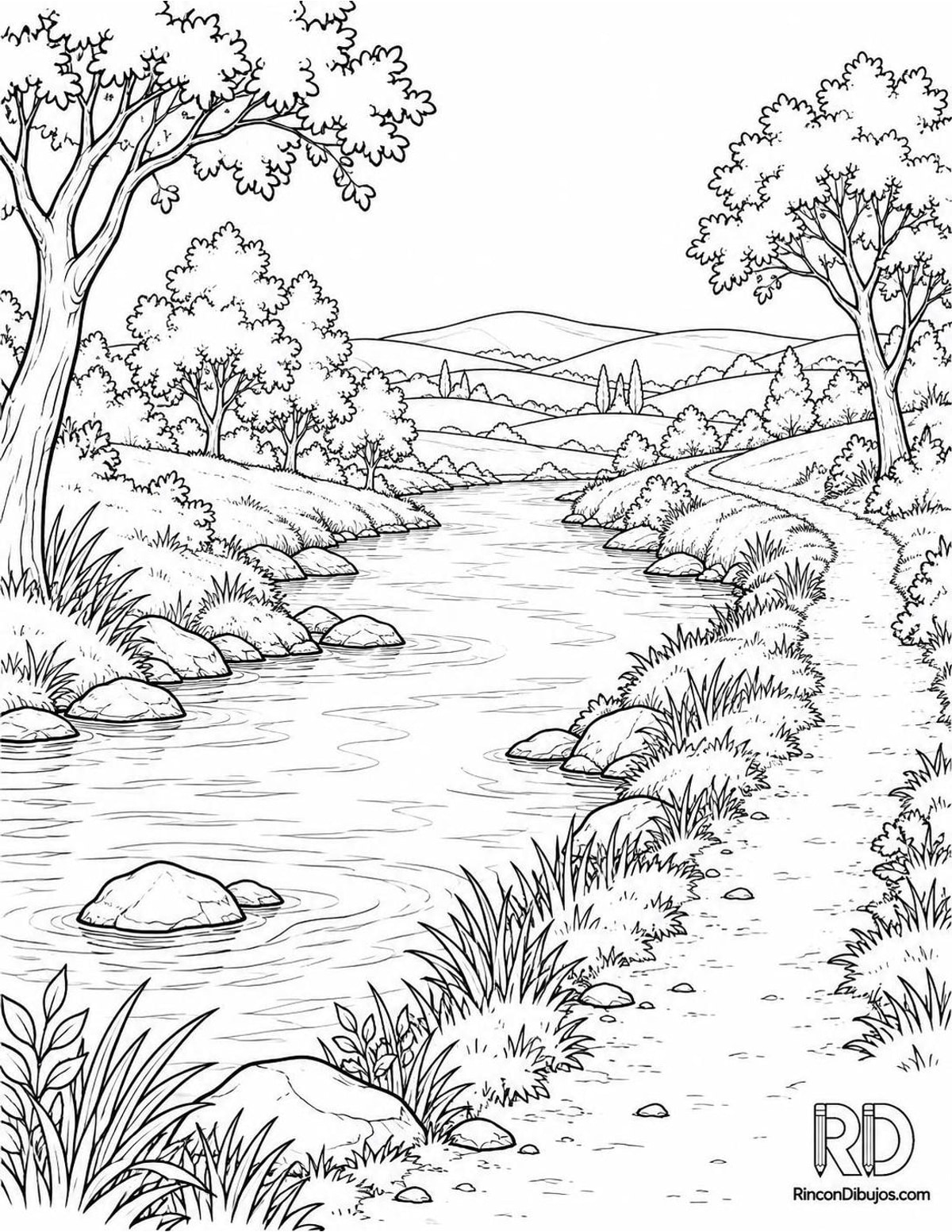 Dibujo de río rural para colorear Dibujo de río rural para colorear
