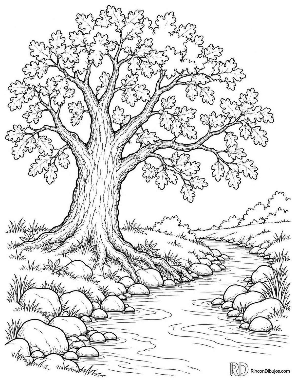 Dibujo de roble junto al arroyo para colorear Dibujo de roble junto al arroyo para colorear