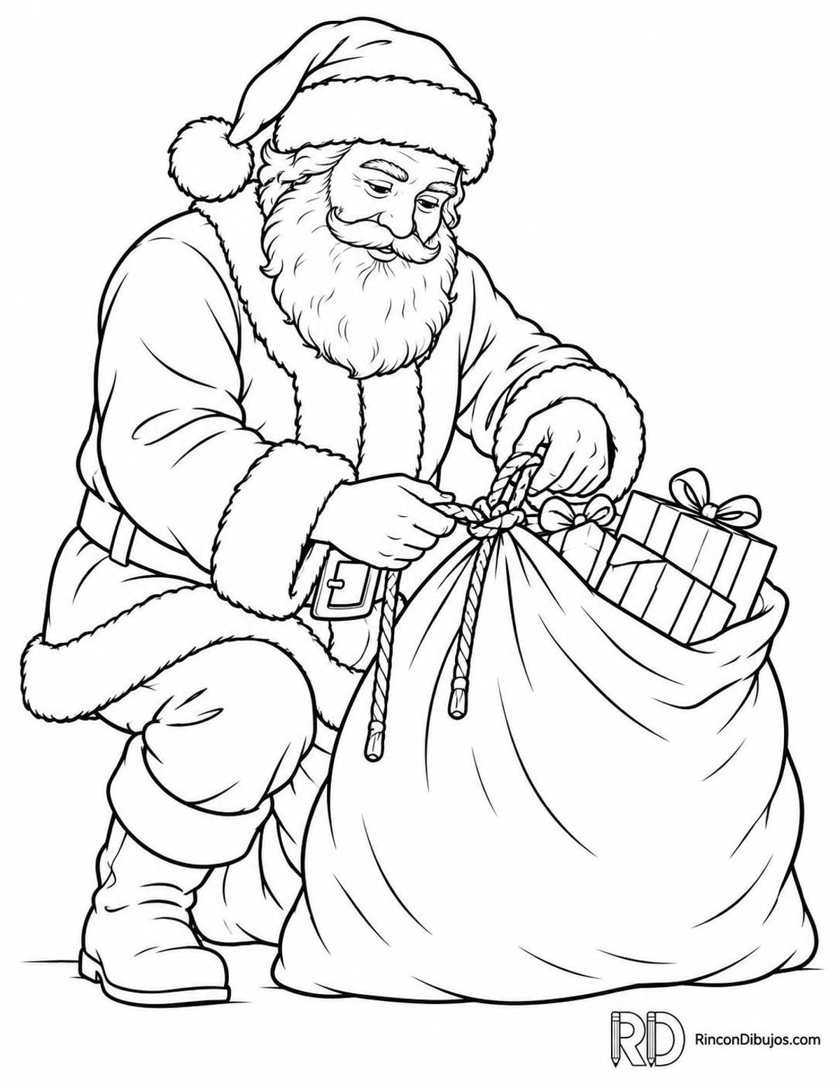Dibujo de Santa Claus cerrando saco para colorear
