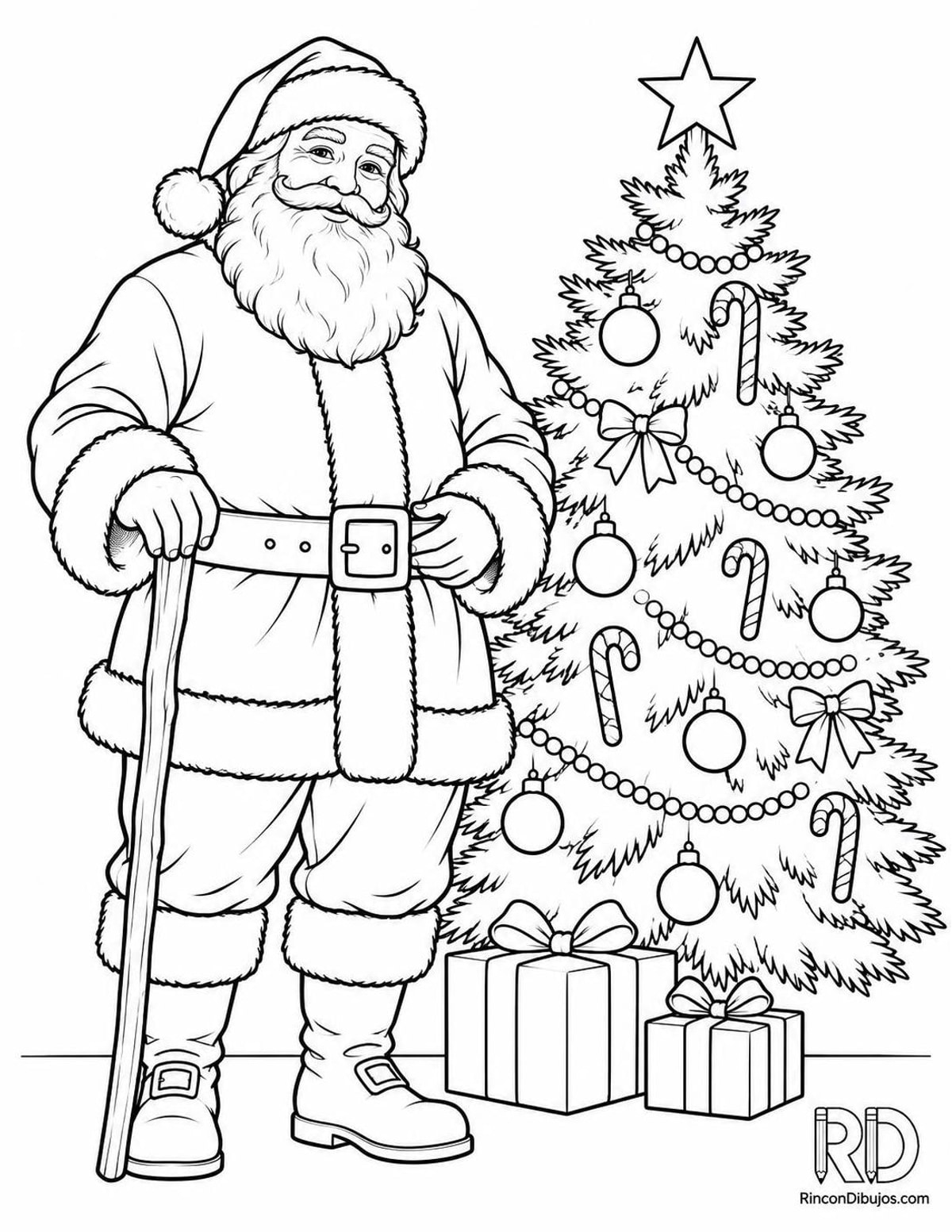 Dibujo de Santa Claus con árbol para colorear