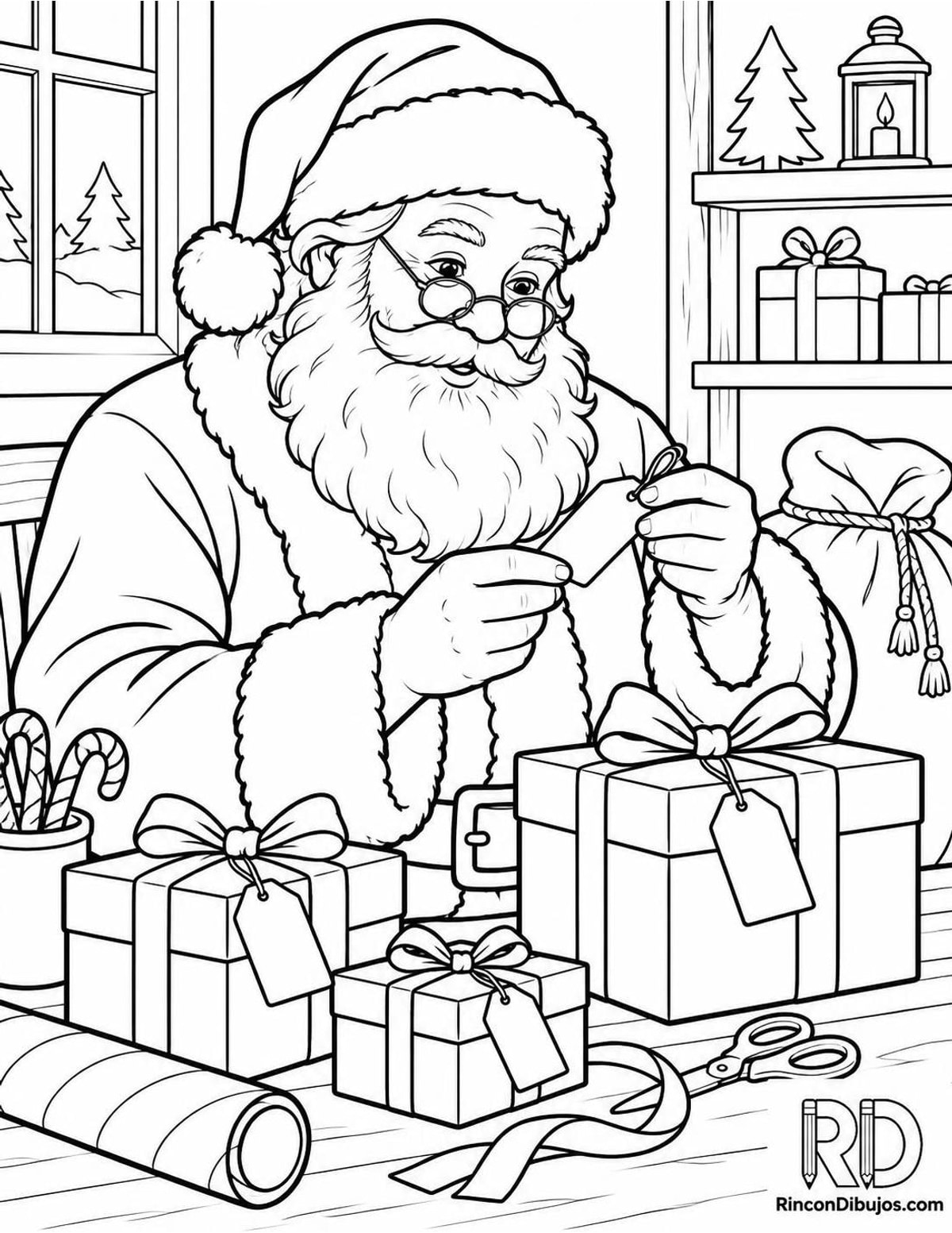 Dibujo de Santa Claus con etiquetas para colorear