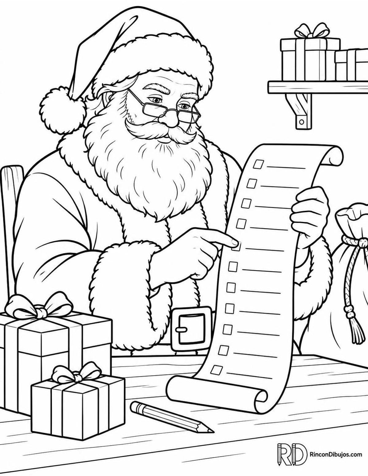 Dibujo de Santa Claus con lista para colorear