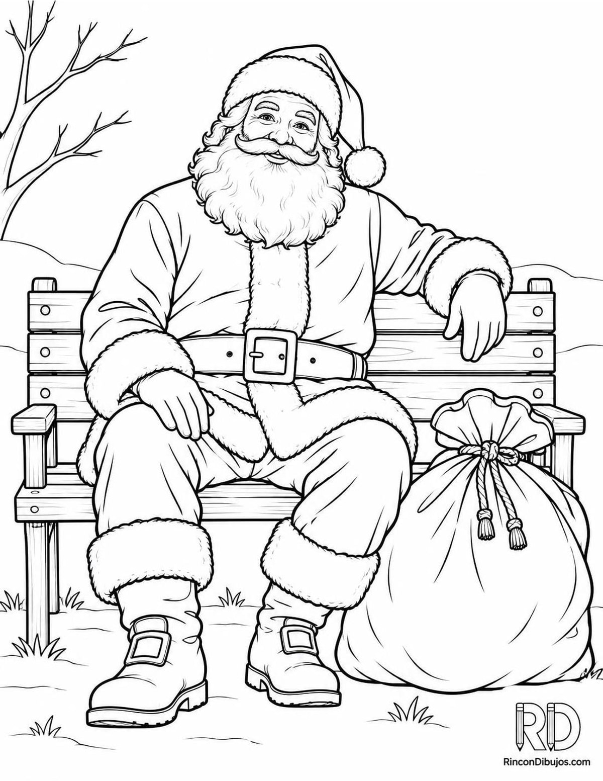 Dibujo de Santa Claus en banco para colorear
