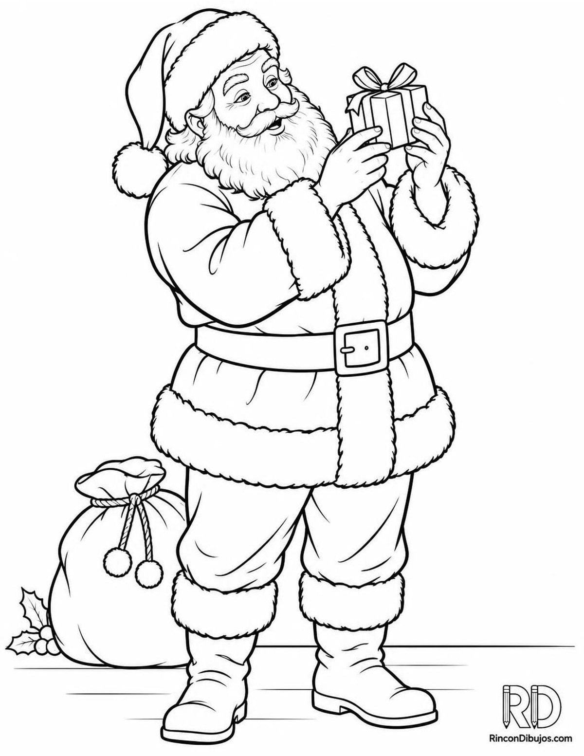 Dibujo de Santa Claus levantando regalo para colorear
