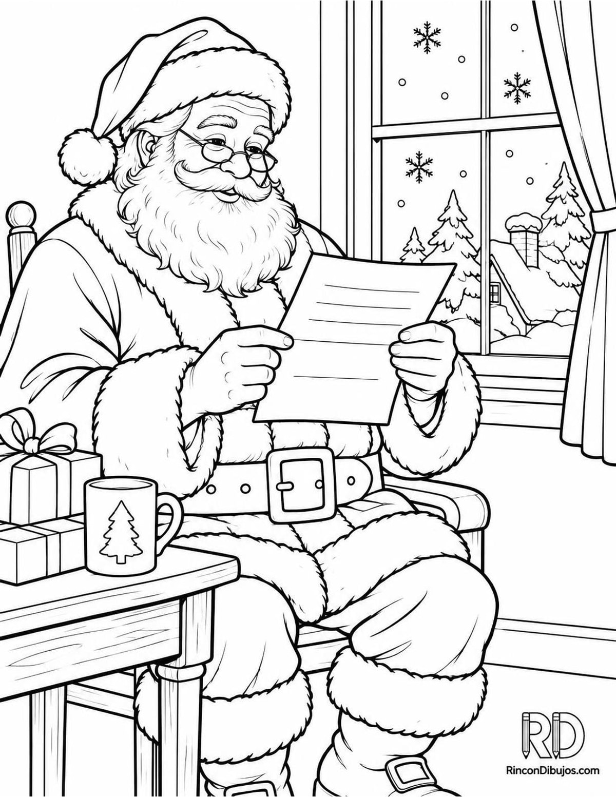 Dibujo de Santa Claus leyendo carta para colorear