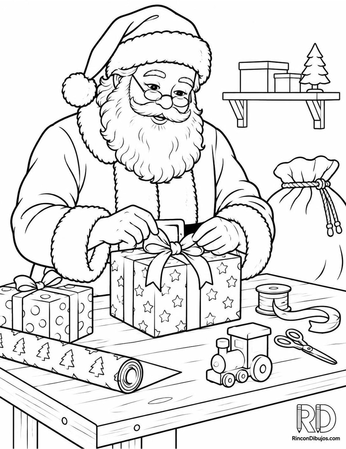 Dibujo de Santa Claus preparando regalos para colorear
