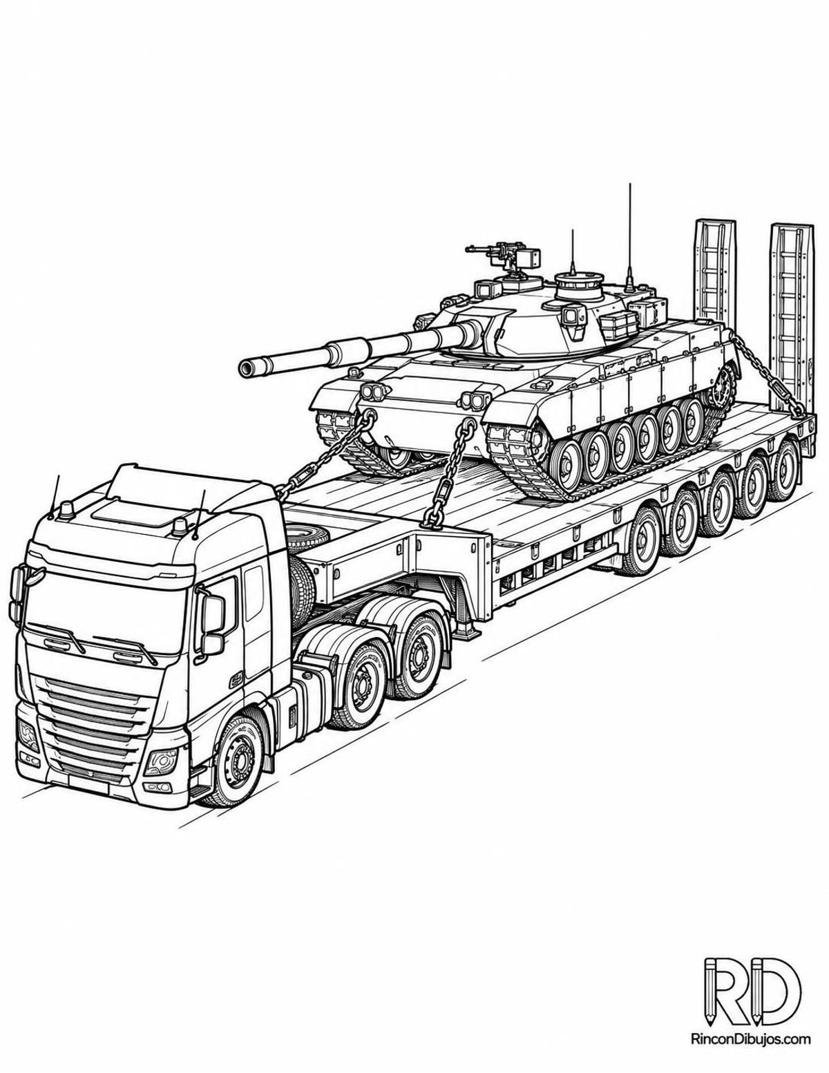 Dibujo de tanque en camión para colorear Dibujo de tanque en camión para colorear