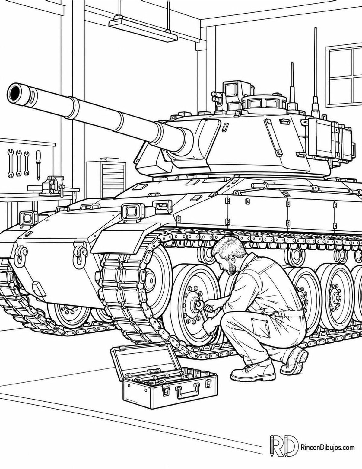 Dibujo de tanque en reparación para colorear Dibujo de tanque en reparación para colorear