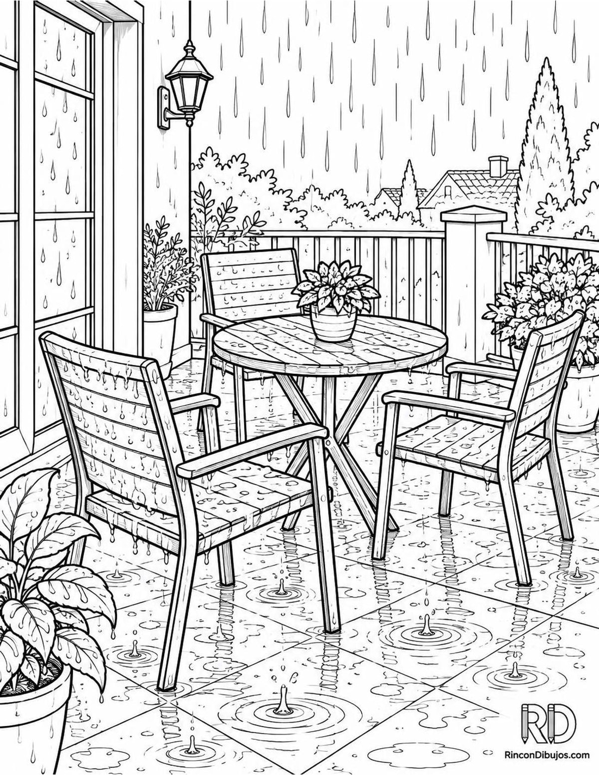 Dibujo de terraza lluviosa para colorear Dibujo de terraza lluviosa para colorear