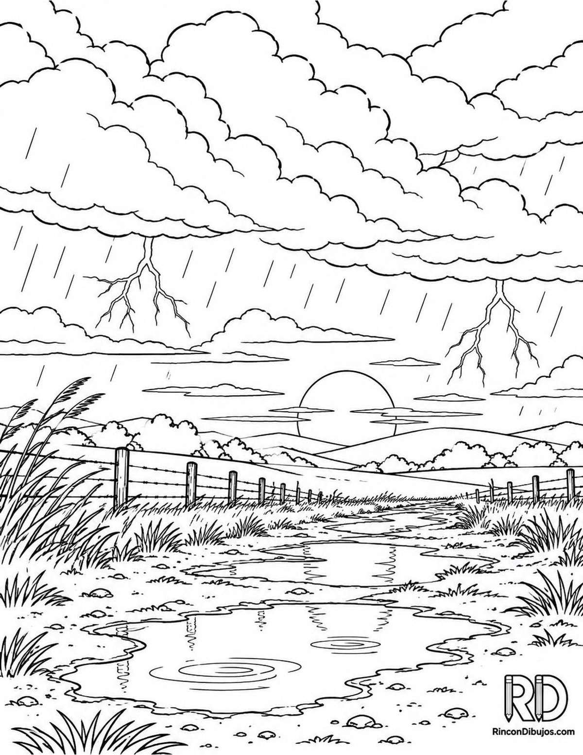 Dibujo de tormenta al atardecer para colorear Dibujo de tormenta al atardecer para colorear