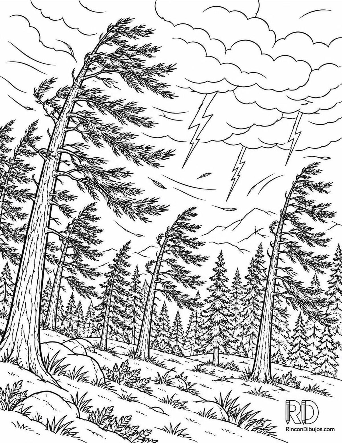 Dibujo de tormenta en bosque para colorear Dibujo de tormenta en bosque para colorear
