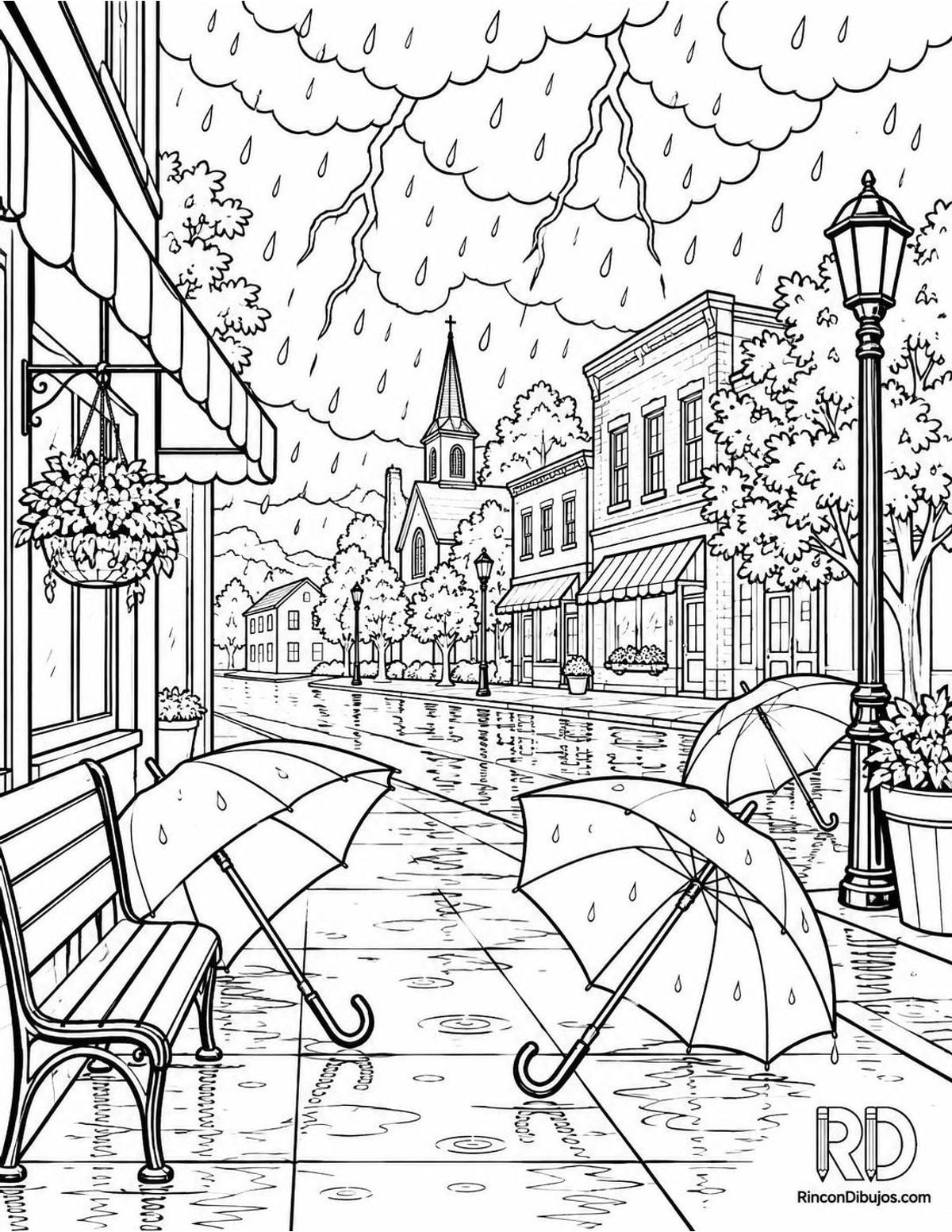 Dibujo de tormenta en ciudad para colorear Dibujo de tormenta en ciudad para colorear