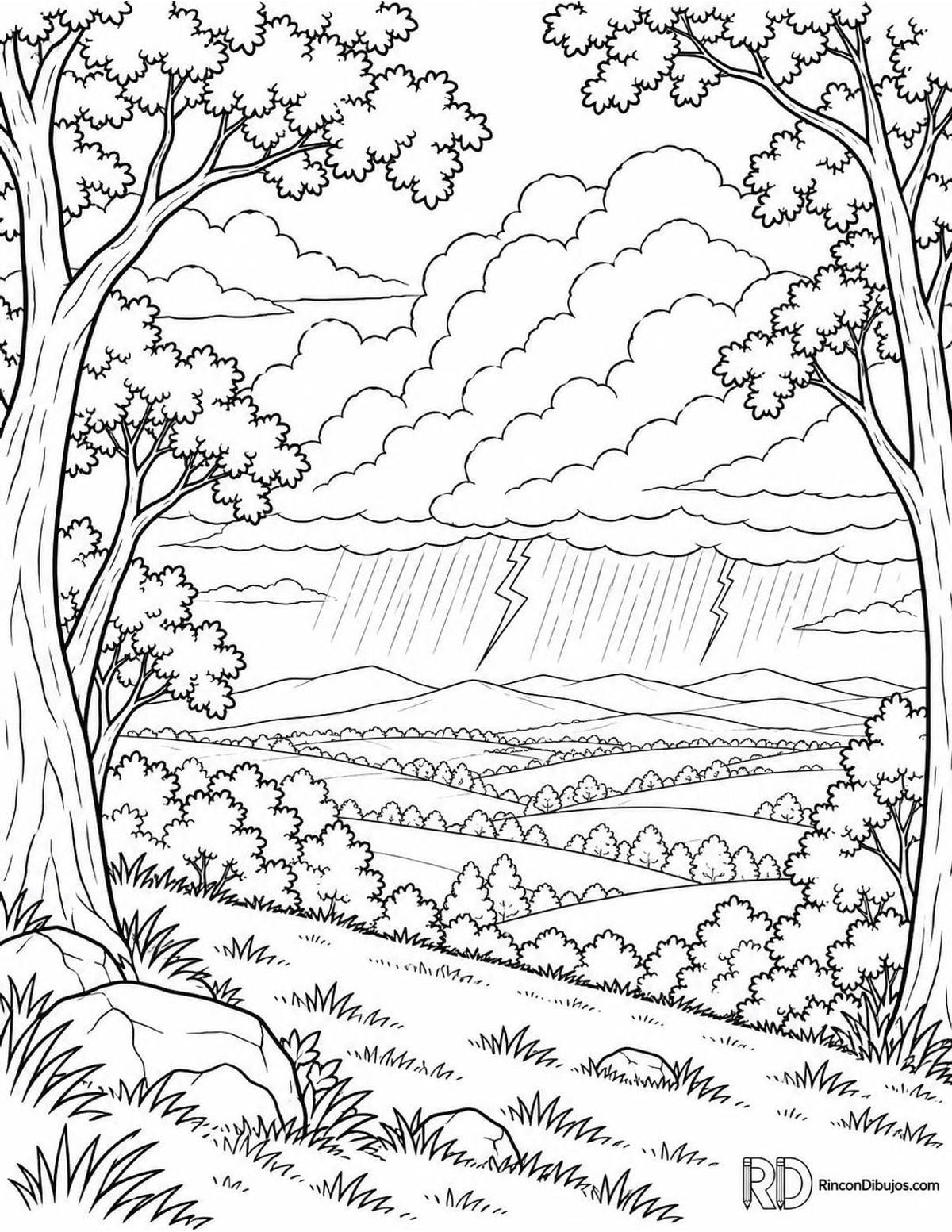 Dibujo de tormenta en colina para colorear Dibujo de tormenta en colina para colorear