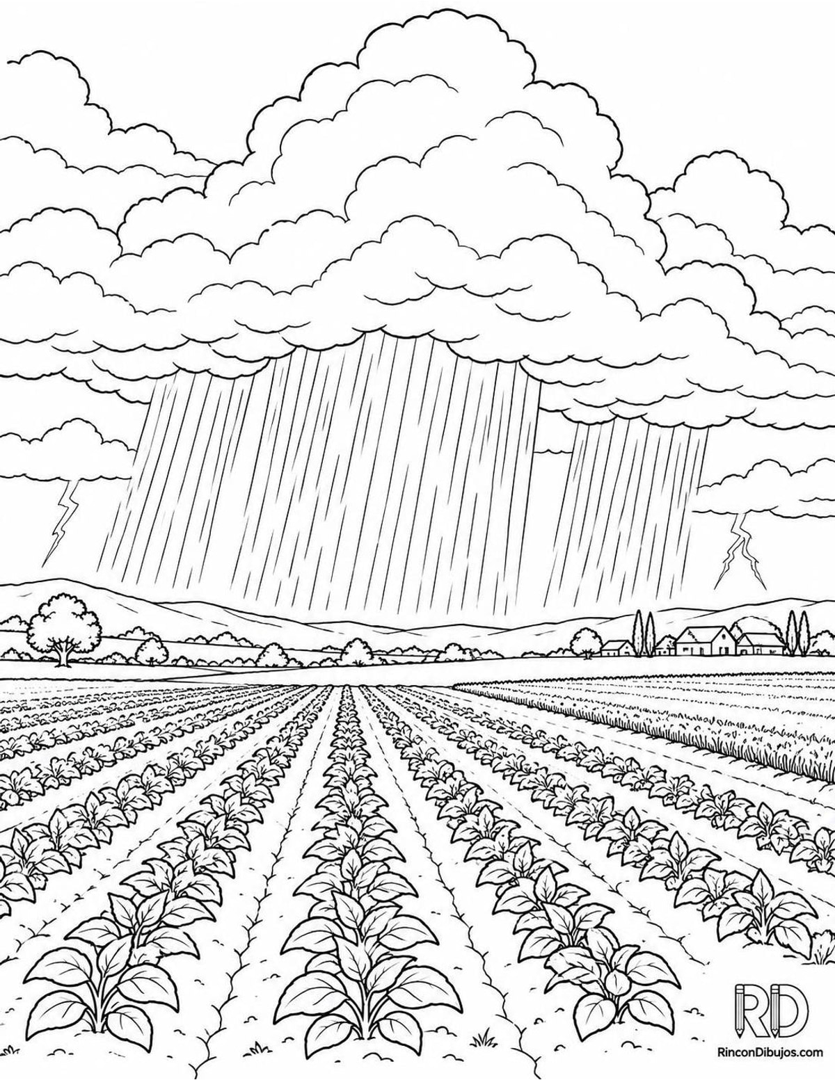 Dibujo de tormenta en cultivos para colorear Dibujo de tormenta en cultivos para colorear
