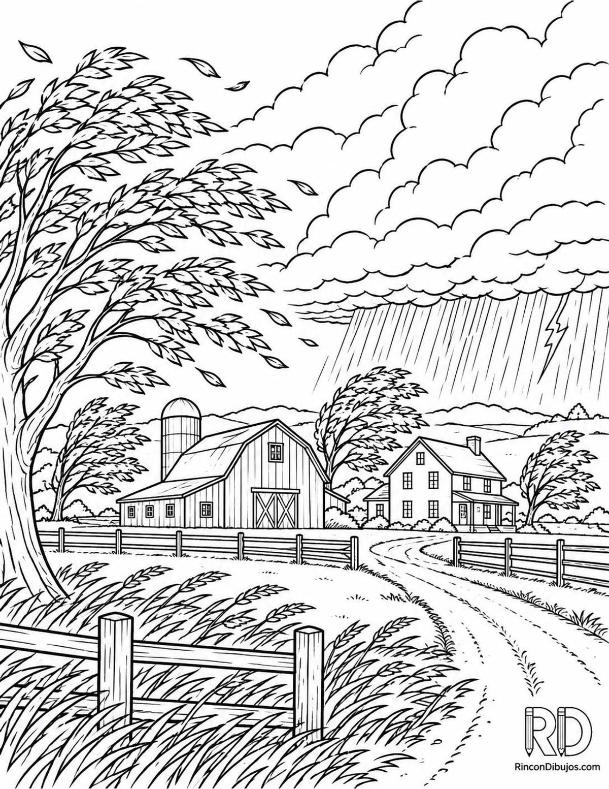 Dibujo de tormenta en granja para colorear Dibujo de tormenta en granja para colorear