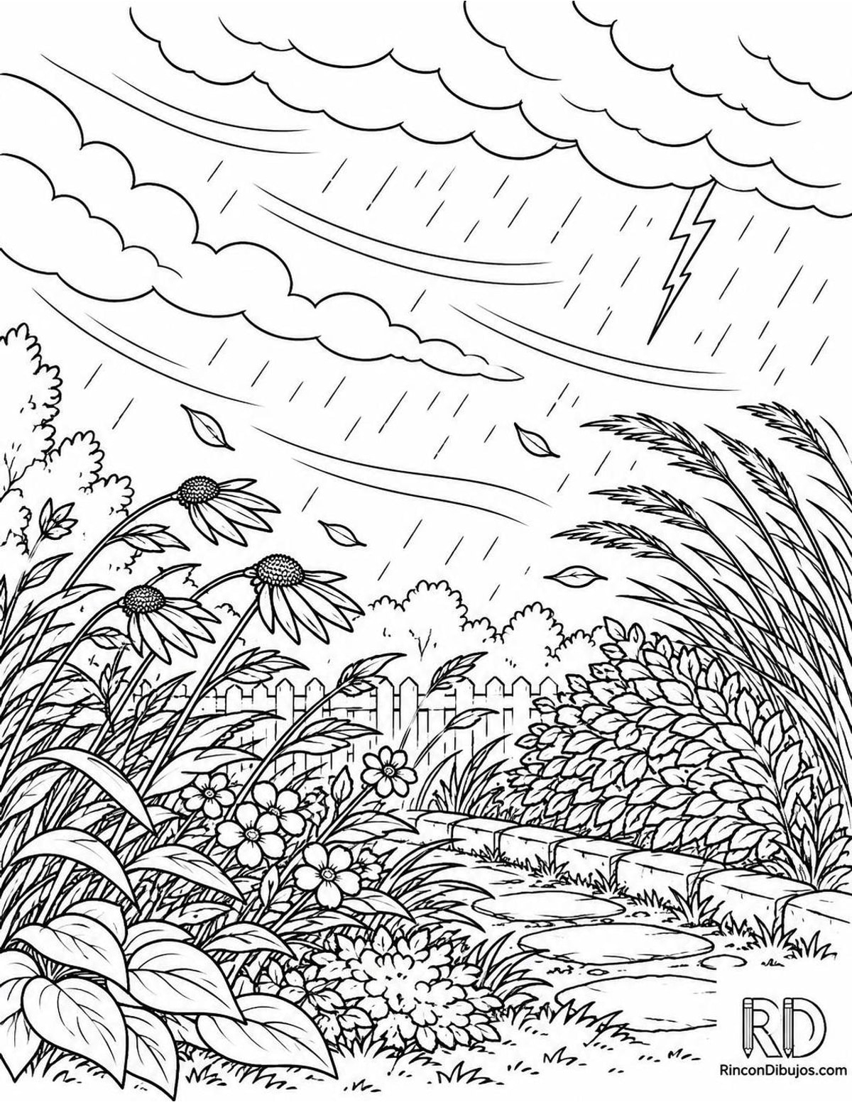 Dibujo de tormenta en jardín para colorear Dibujo de tormenta en jardín para colorear