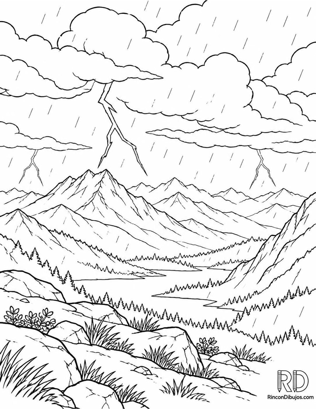Dibujo de tormenta en montañas para colorear Dibujo de tormenta en montañas para colorear