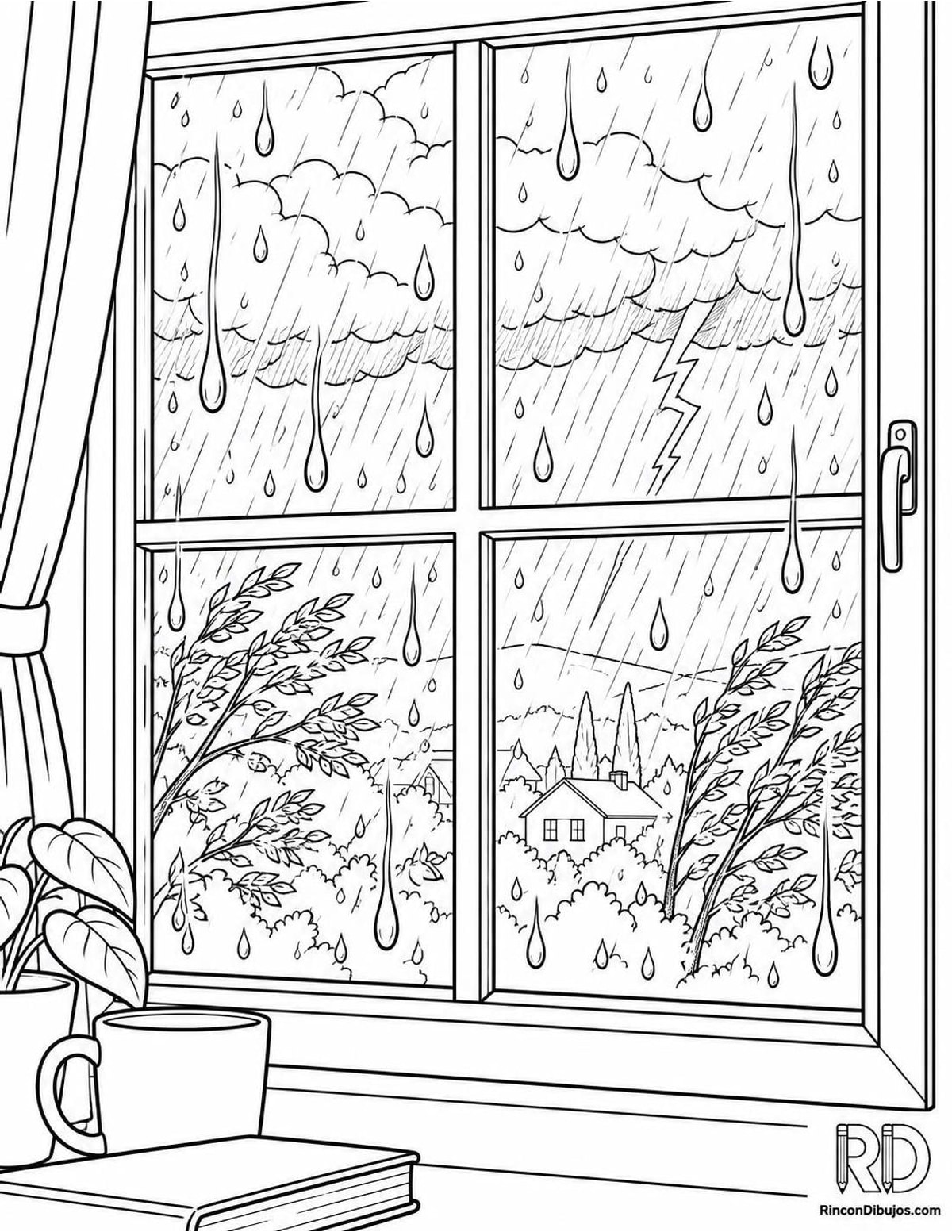 Dibujo de tormenta en ventana para colorear Dibujo de tormenta en ventana para colorear