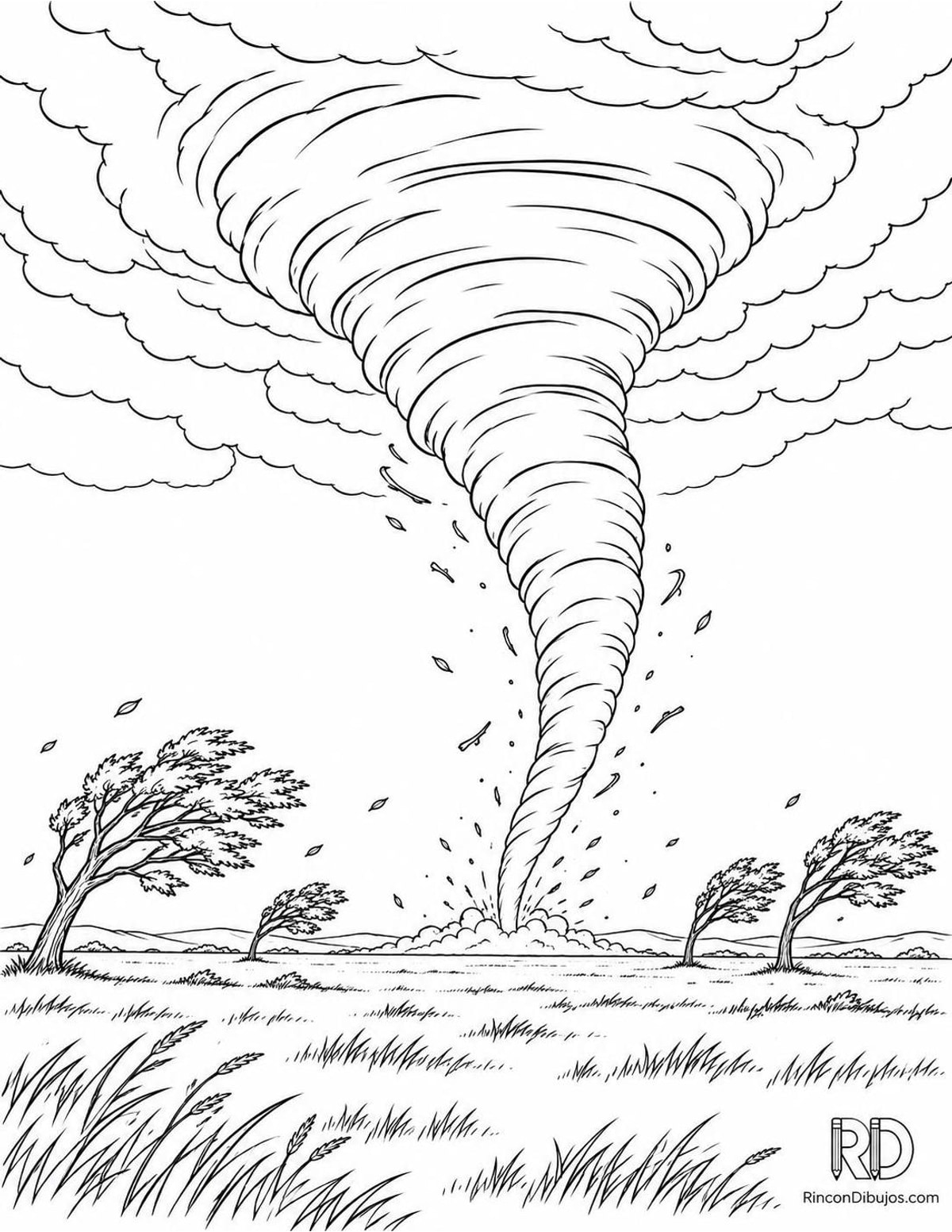 Dibujo de tornado con árboles para colorear Dibujo de tornado con árboles para colorear