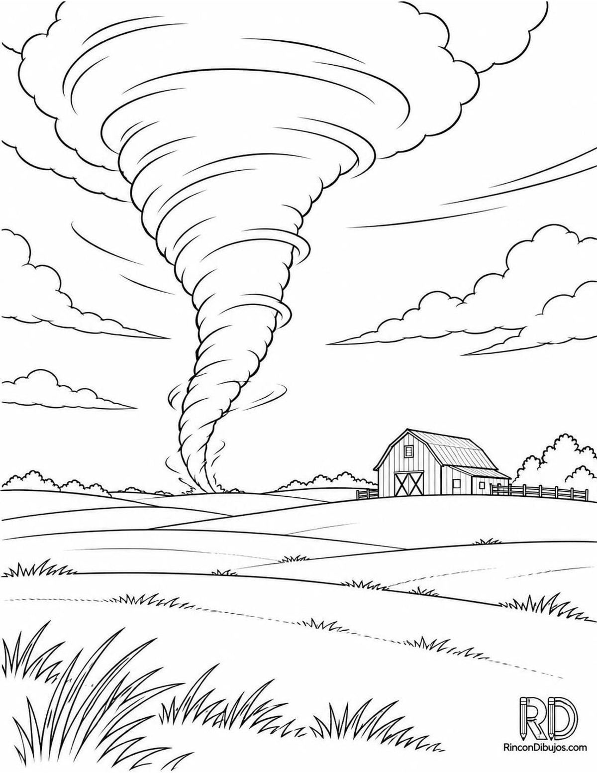 Dibujo de tornado con granero para colorear Dibujo de tornado con granero para colorear