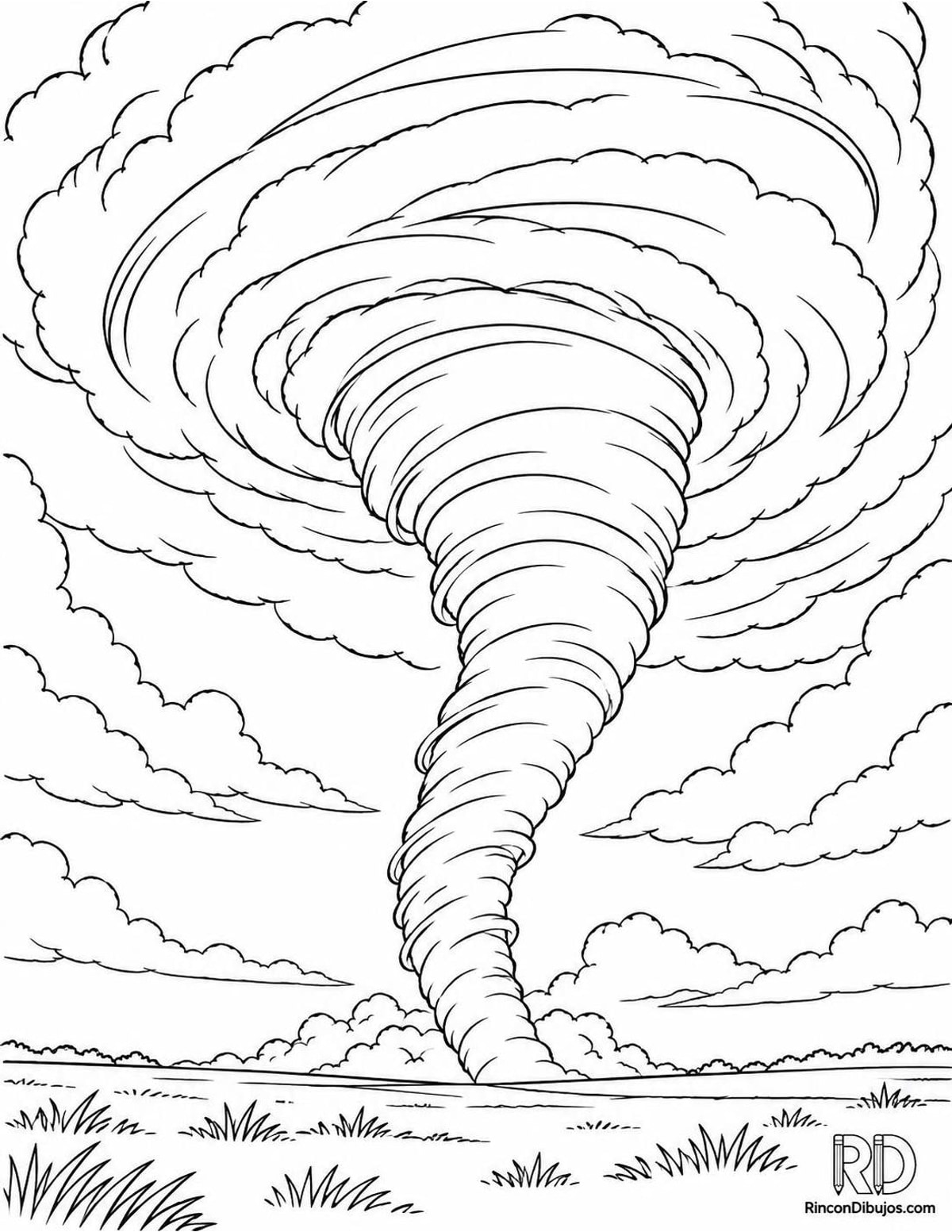 Dibujo de tornado con nubes para colorear Dibujo de tornado con nubes para colorear