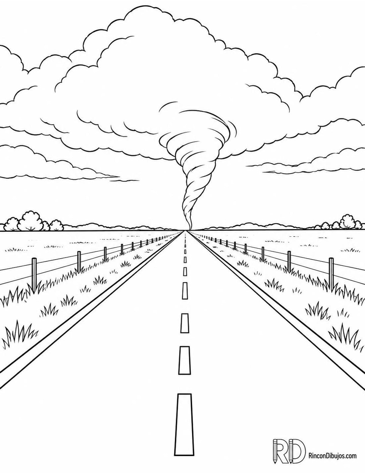 Dibujo de tornado en carretera para colorear Dibujo de tornado en carretera para colorear
