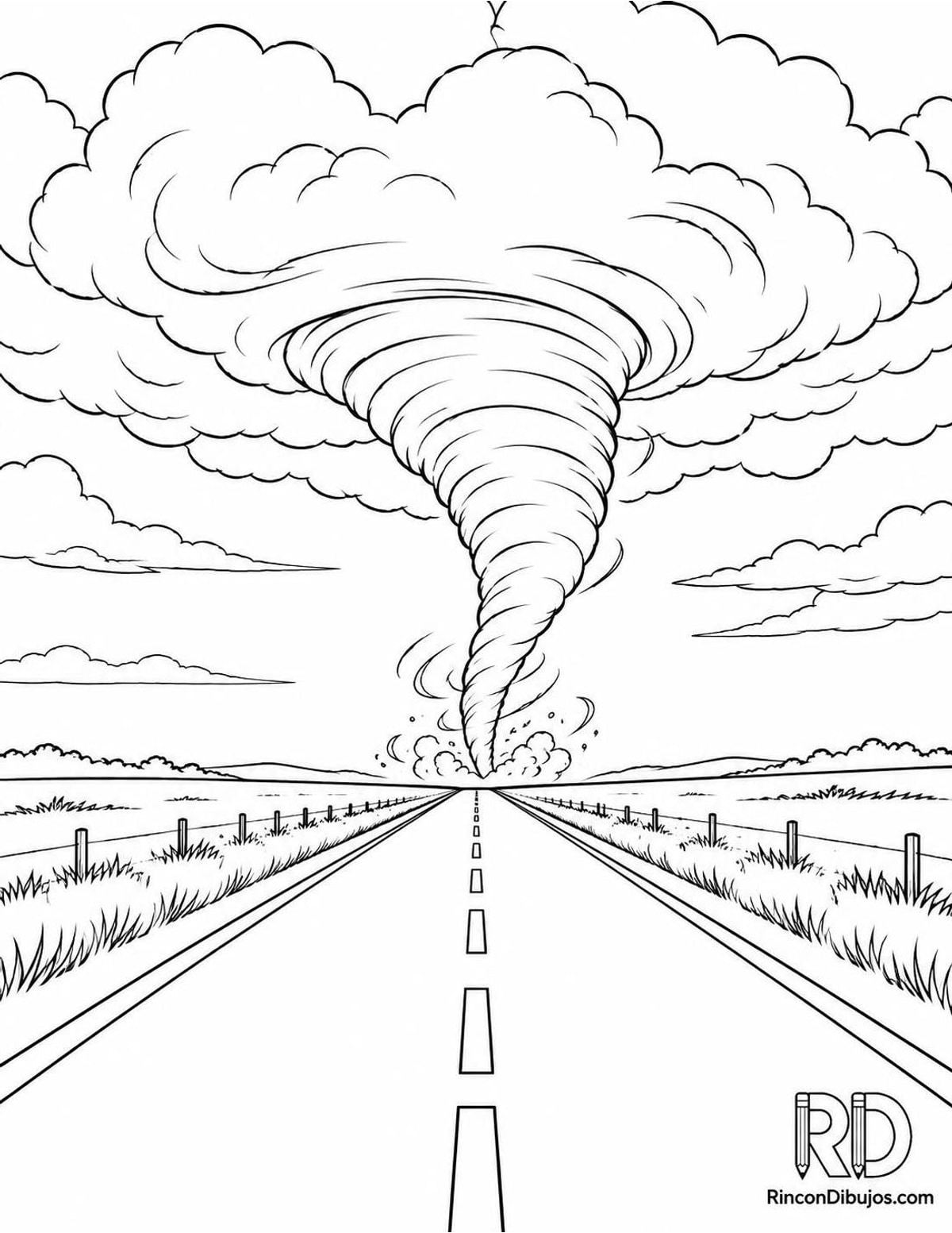 Dibujo de tornado en carretera vacía para colorear Dibujo de tornado en carretera vacía para colorear