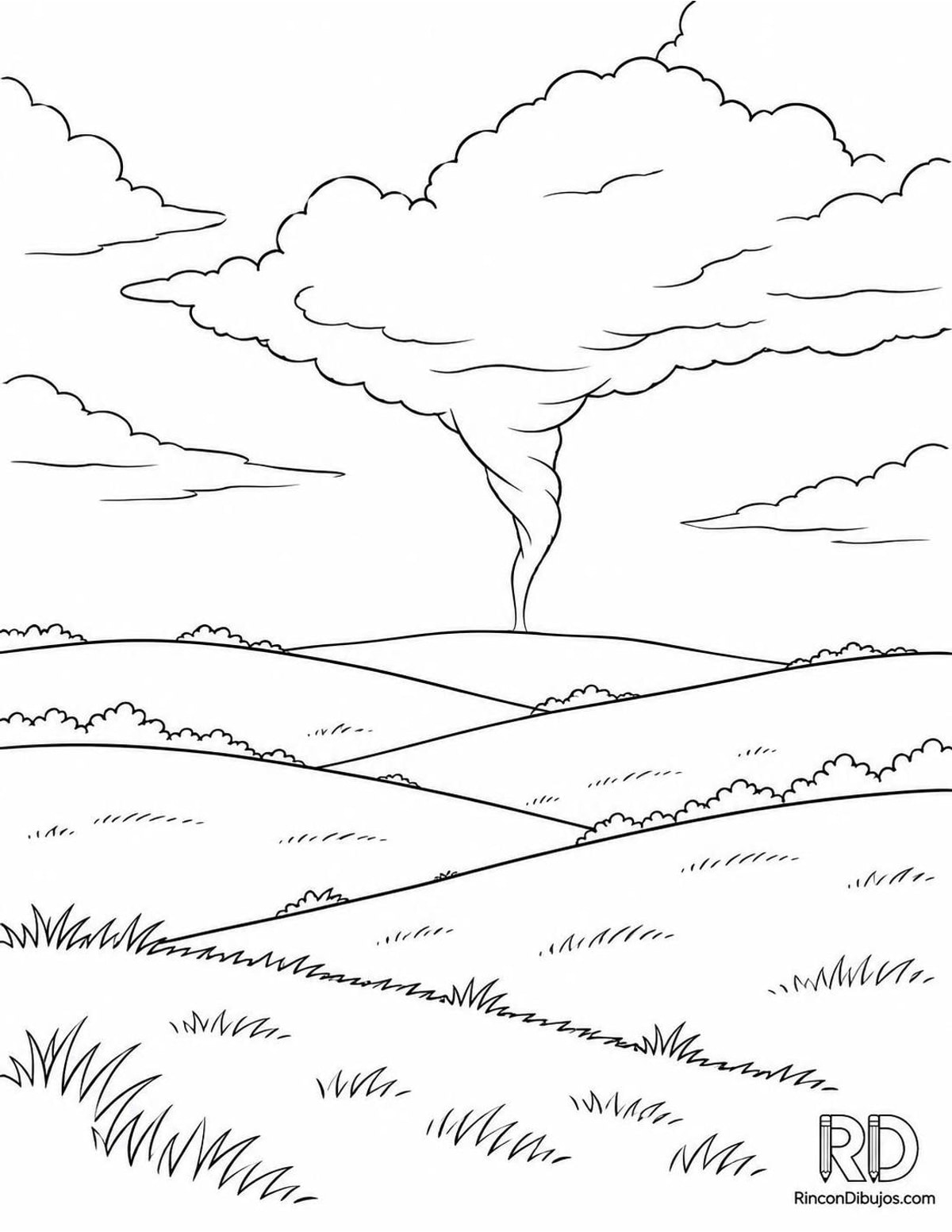 Dibujo de tornado en colinas para colorear Dibujo de tornado en colinas para colorear