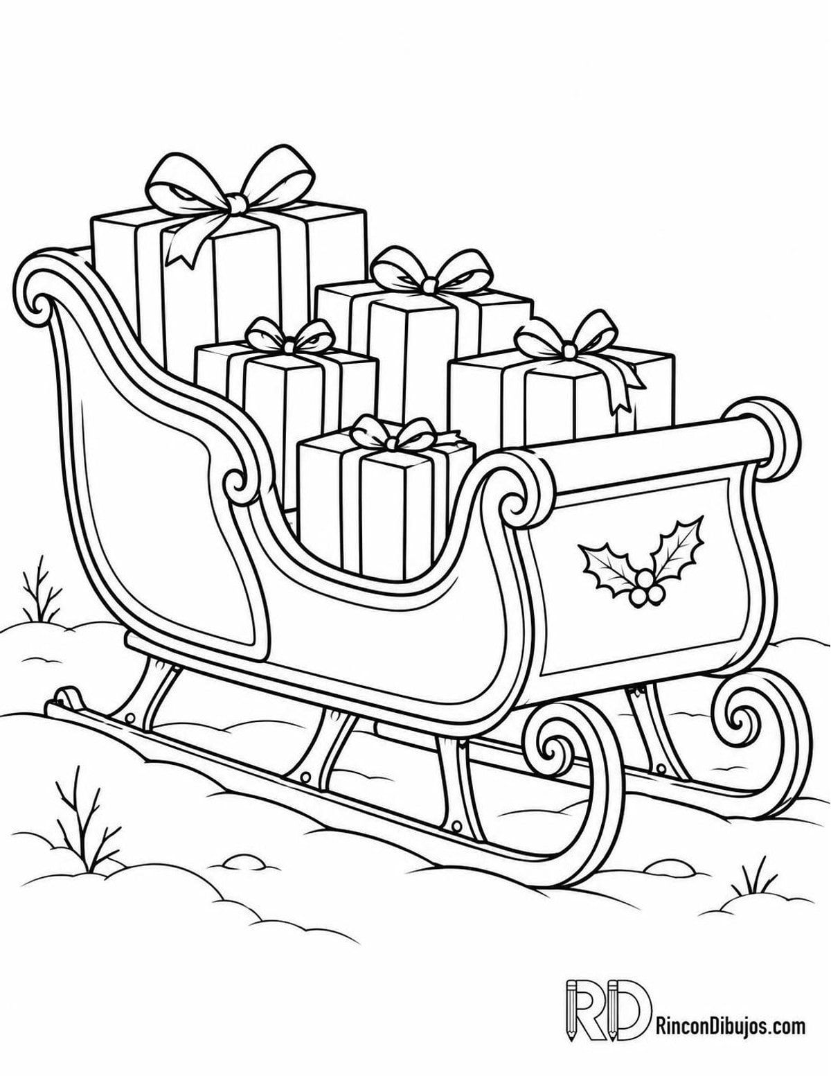 Dibujo de trineo navideño con regalos para colorear Dibujo de trineo navideño con regalos para colorear