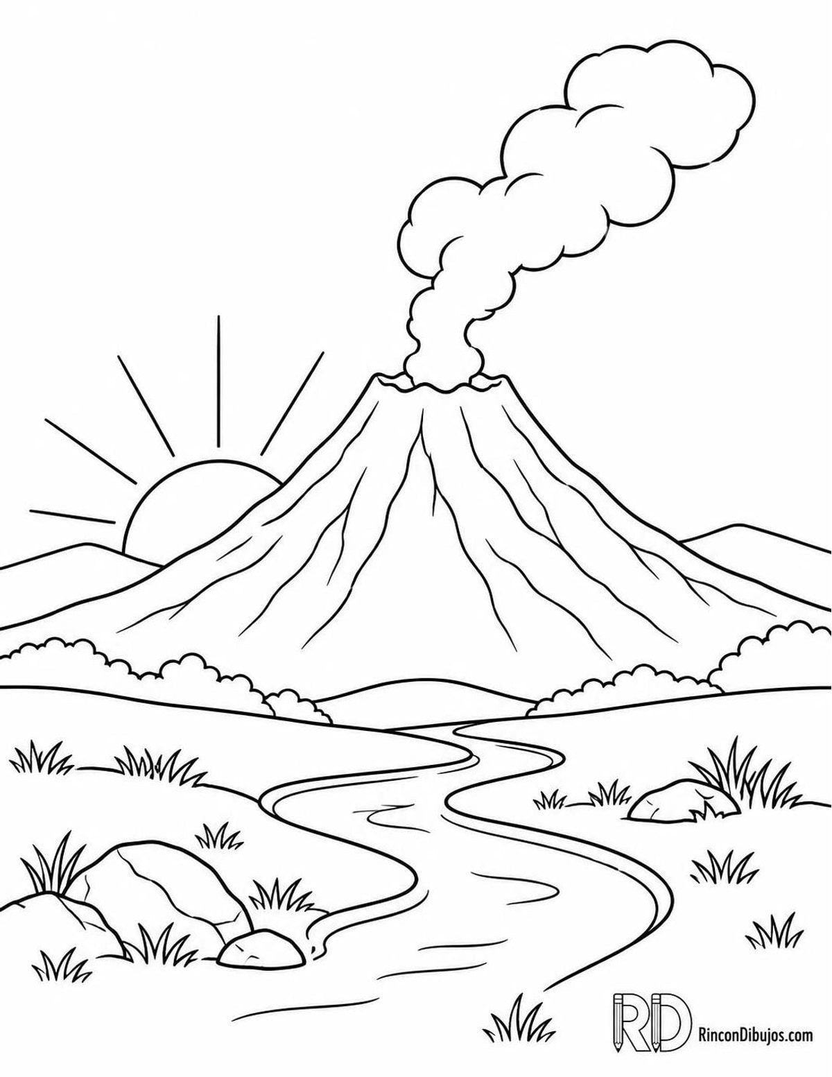 Dibujo de volcán al amanecer para colorear Dibujo de volcán al amanecer para colorear