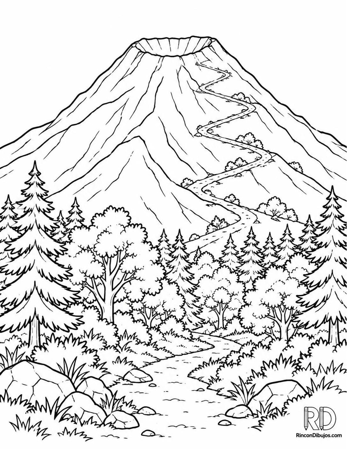 Dibujo de volcán con bosque para colorear Dibujo de volcán con bosque para colorear