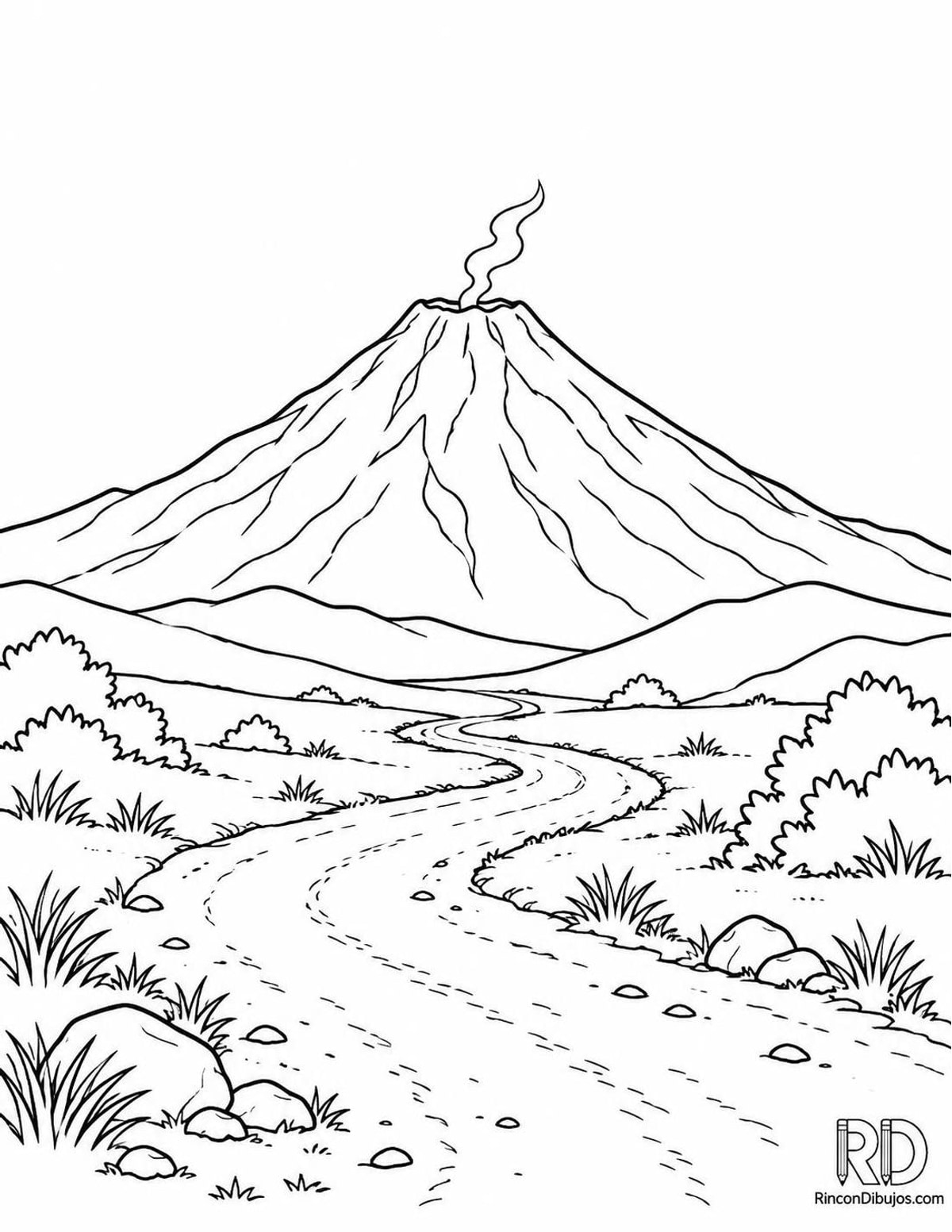 Dibujo de volcán con camino para colorear Dibujo de volcán con camino para colorear