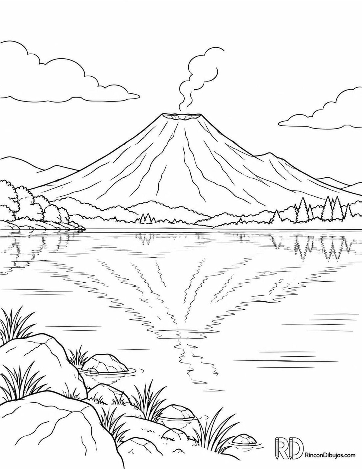 Dibujo de volcán con lago para colorear Dibujo de volcán con lago para colorear